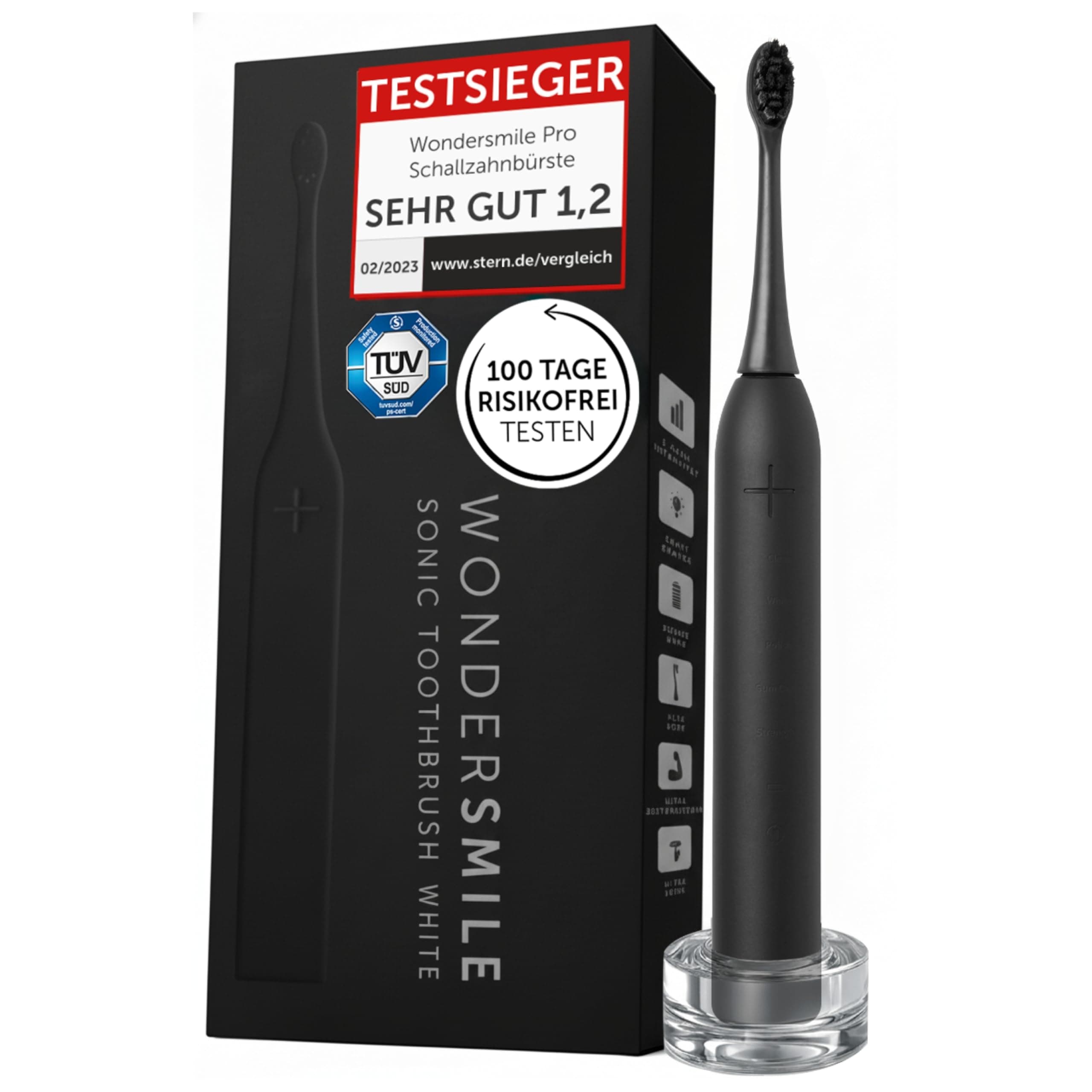 WonderSmile Schallzahnbürste Pro - Testsieger 2026* - Elektrische Zahnbürste IPX8, 4 Programme - mit Ladestation & 60 Tage Power Batterie mit Smart-Bürstenkopf (Ultimate Black)