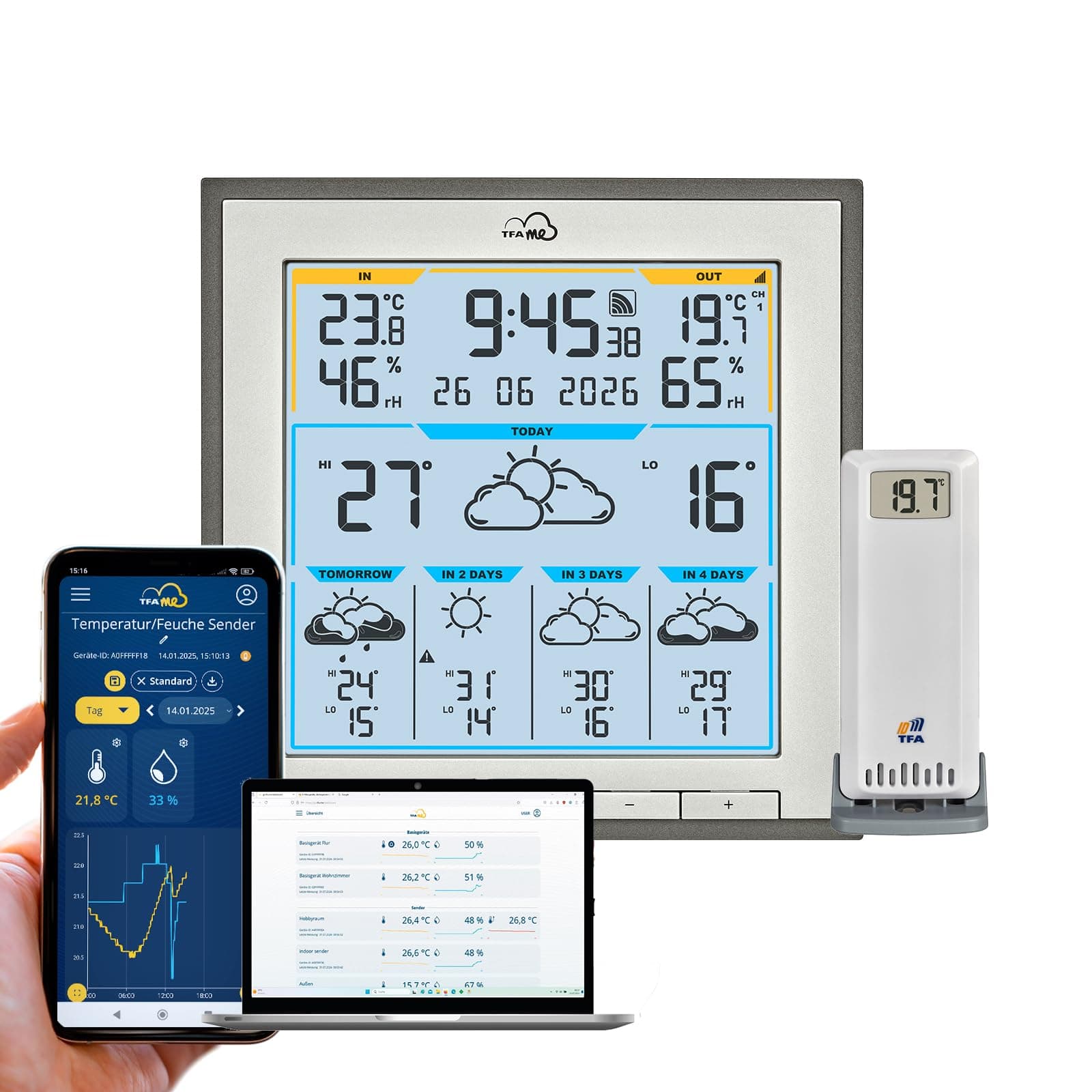 TFA Dostmann Station météo sans fil TFA.me ID-08, 35.8105, prévisions météo profi par wetter.com 5 jours, portail en ligne, capteur ext. sans fil inclus, valeurs max-min, fonction d'alerte, blanc