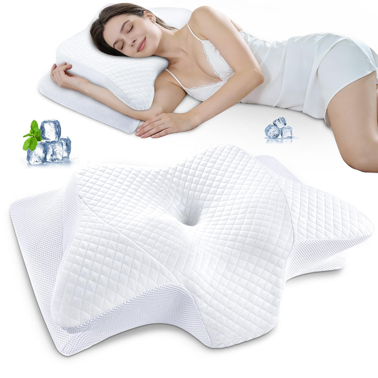 SAHEYER Almohada Cervical Ergonómica, Almohada Ortopédica para Dormir de Lado Almohada de Espuma con Memoria para Apoyar el Cuello Almohada para Dormir, 60x35,5x13/10CM, Blanco