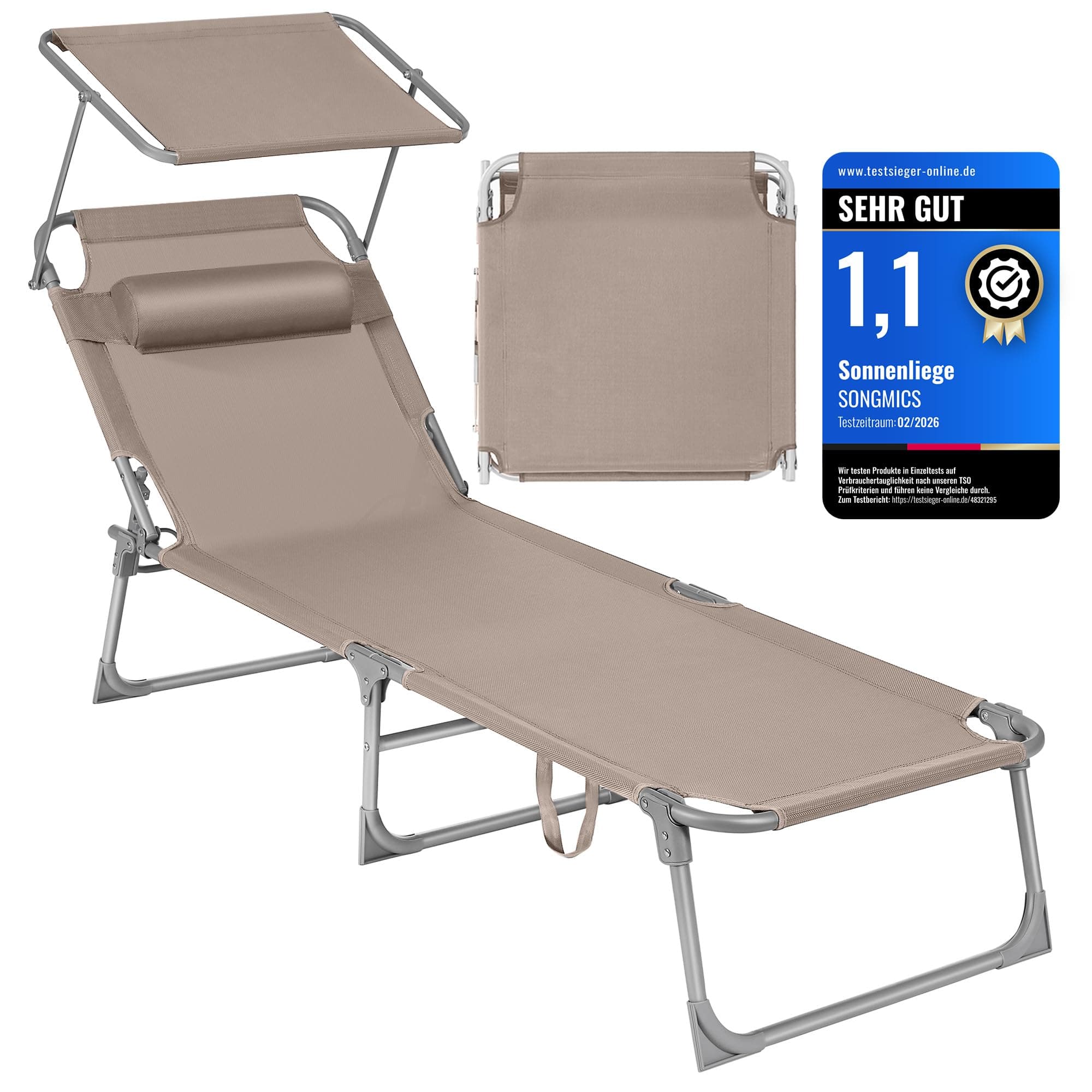 SONGMICS Sonnenliege, klappbarer Liegestuhl, 193 x 53 x 29 cm, trägt bis zu 150 kg, Sonnenschutz, Kopfkissen, verstellbare Rückenlehne, für Garten, Pool, Terrasse, taupe GCB192K01