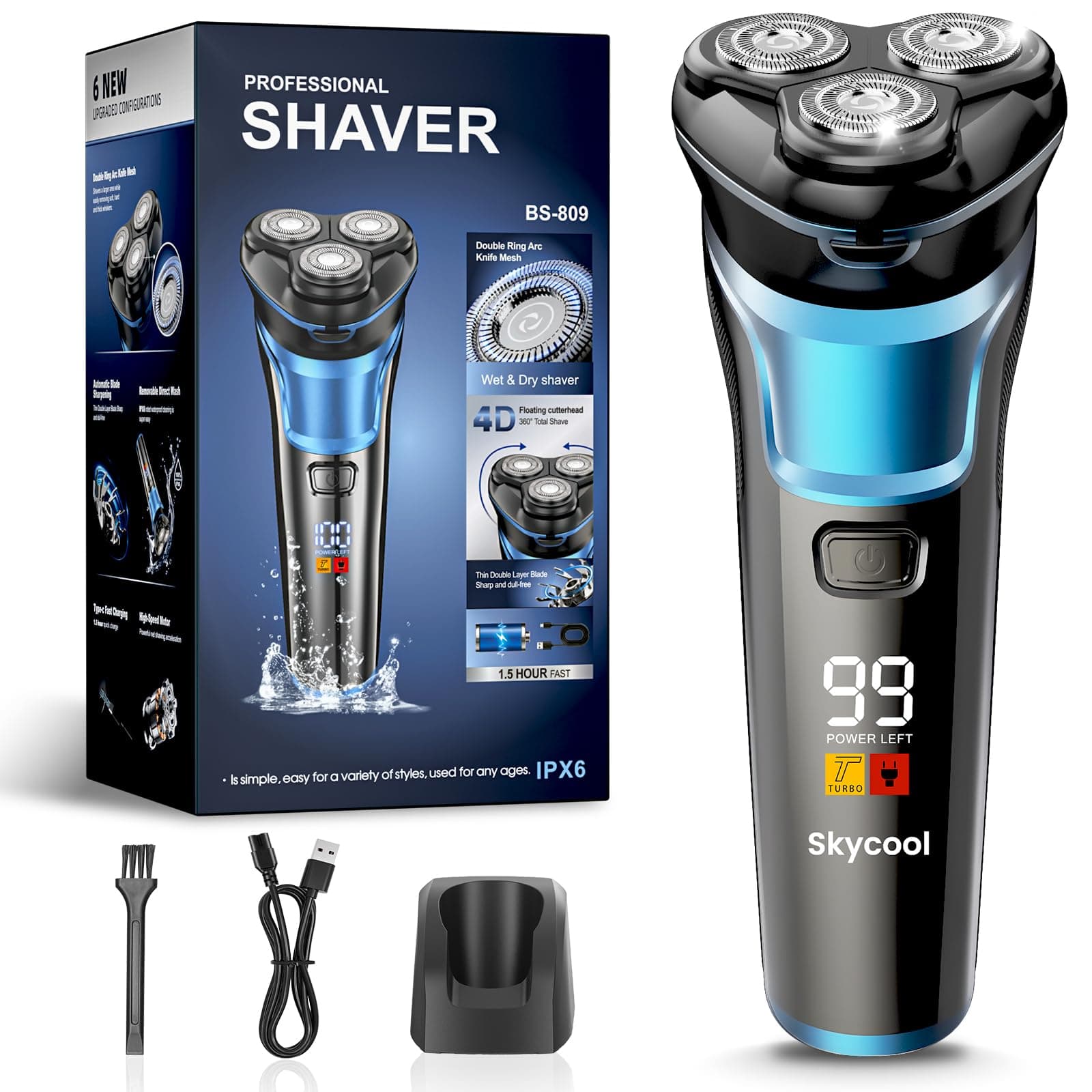 Skycool Rasoir Electriques Hommes, Rechargeable Sans Fil Tondeuse Barbe Homme, Rasoir Homme À Sec Et Humide avec Tondeuse Pliable, Rasoir Barbe Homme avec Deux Modes De Vitesse, Affichage Led