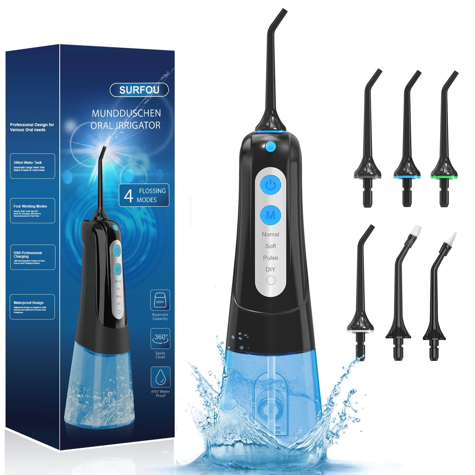SURFOU Irrigador Dental Portatil Bucal Viaje, Irrigadores Dentales Bucales Limpiador Dientes Agua Presion, Profesional Inalambrico Irrigador-dental Con Irradiador Limpieza Water Flosser for Teeth