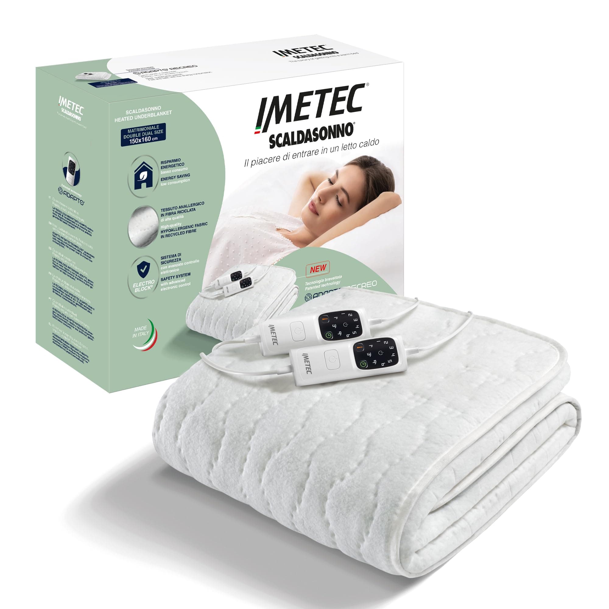 Imetec Scaldasonno Adapto Recreo – Scaldaletto matrimoniale 150x160 | Tessuto anallergico riciclato lavabile | Riscaldamento rapido | 2 comandi 6 temperature