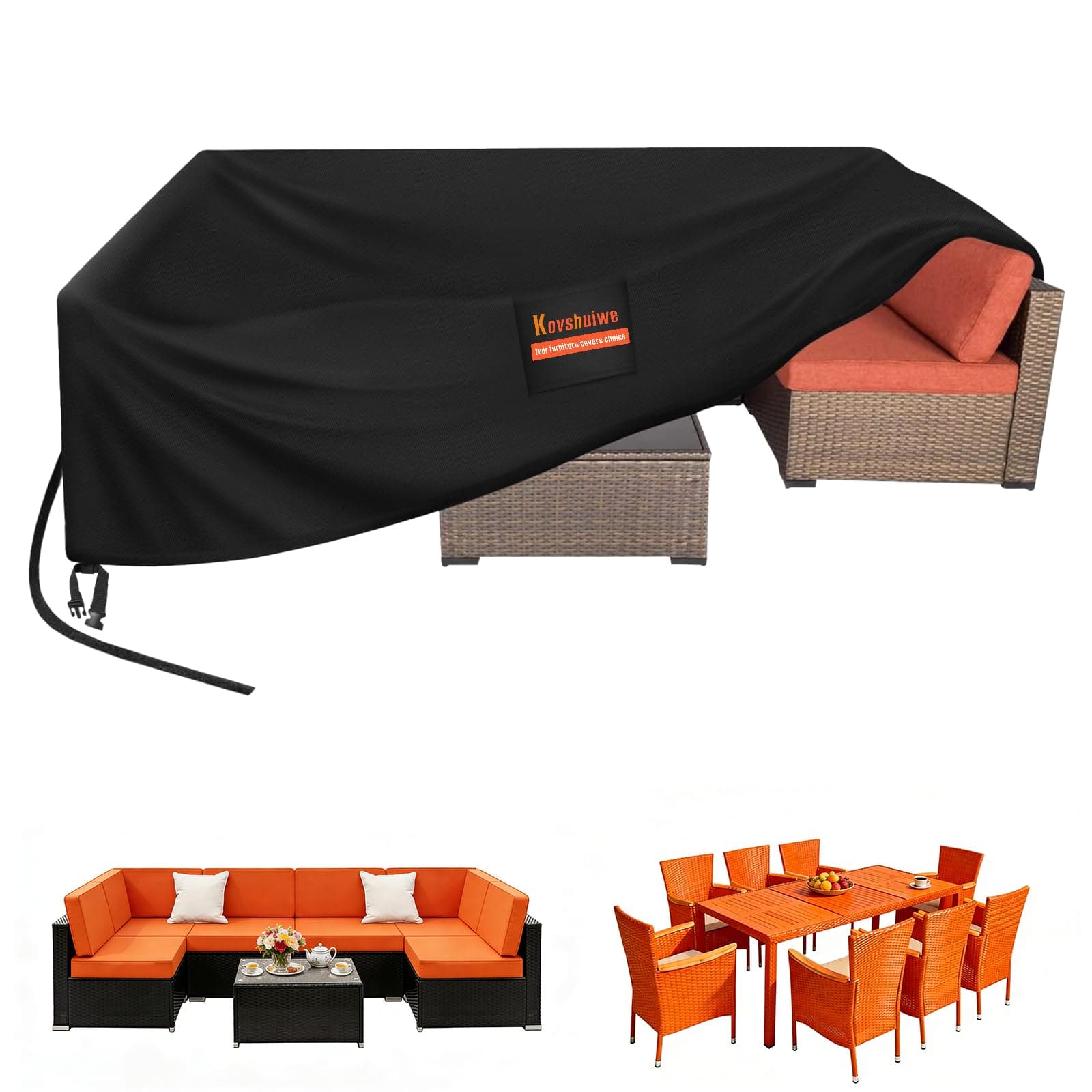 Kovshuiwe - Cubiertas grandes para muebles de ratán de jardín, impermeable, de tela Oxford 420D resistente, resistente al viento, anti-UV para patio exterior (250 x 150 x 90 cm)
