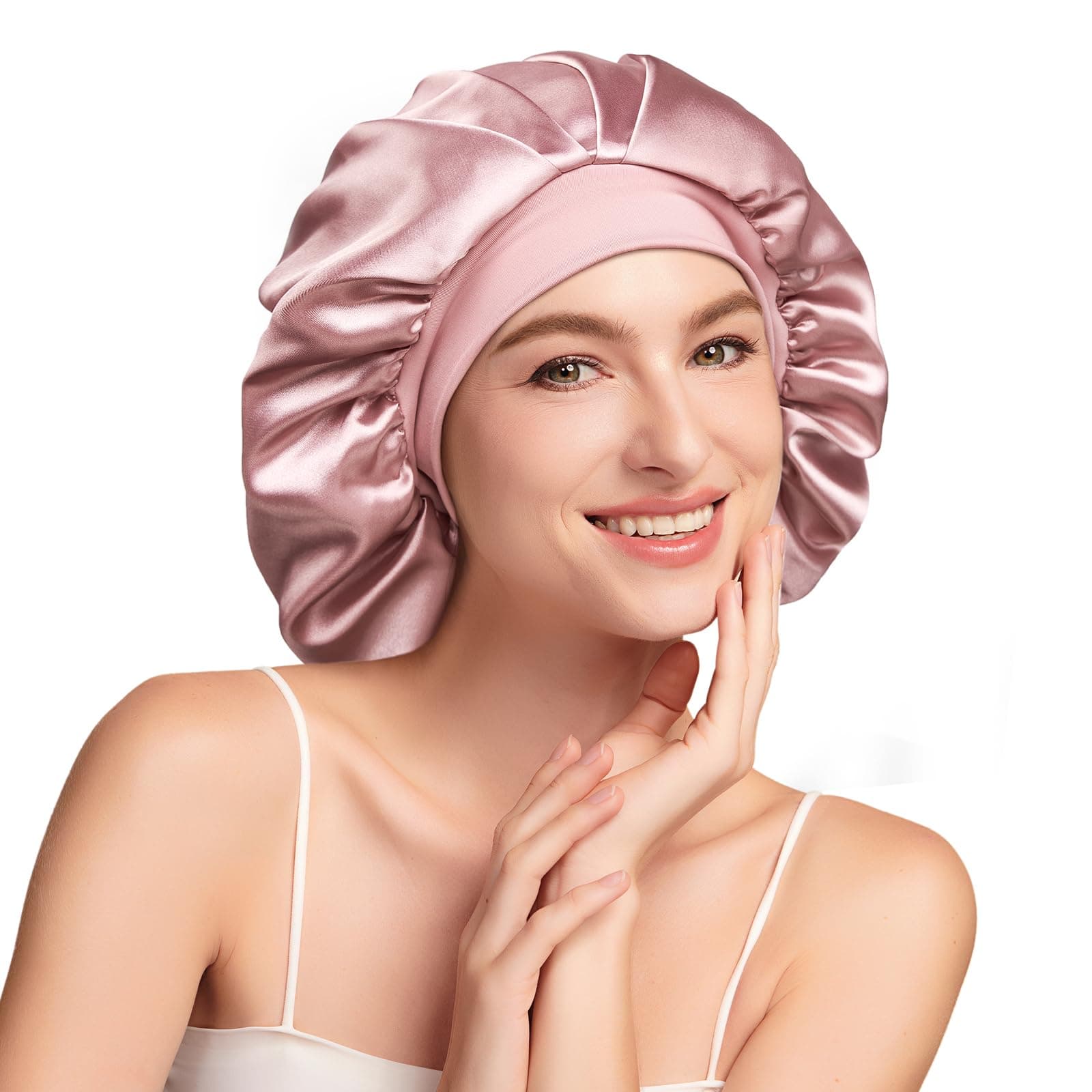 Umisleep Gorro de Seda para Dormir con Interior 100% Seda de Morera 6A de 22 Momme, Doble Capa – Gorro Grande para Pelo Rizado o Largo con Banda Ancha Ajustable, Antideslizante y ultrasuave, Rosa