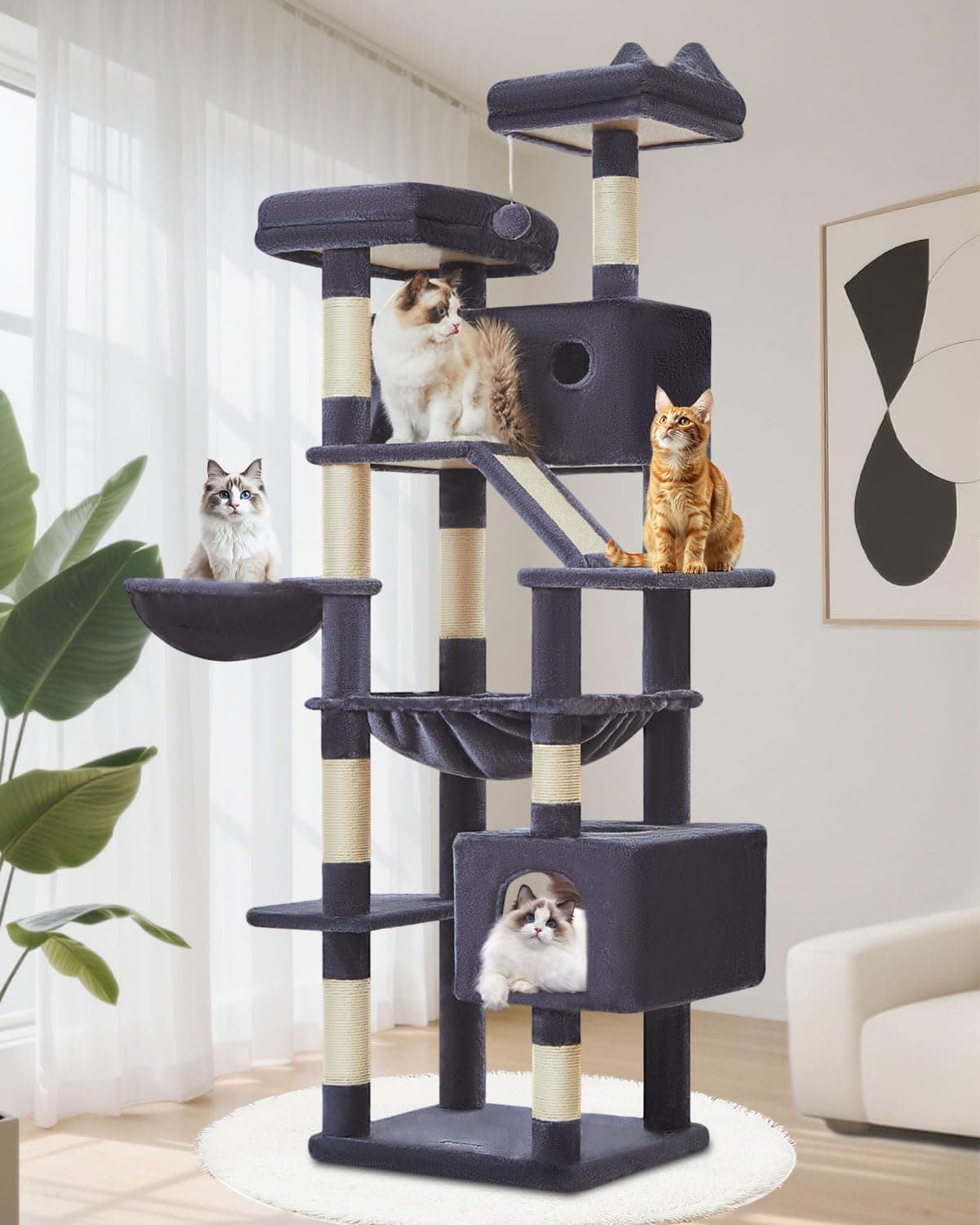 TaoqimiaoRascador para Gatos Grandes, 180CM Estable Arbol Rascador para Gatos com Cuevas, Cesta, Hamaca, Postes, MS026LG Gris Oscuro
