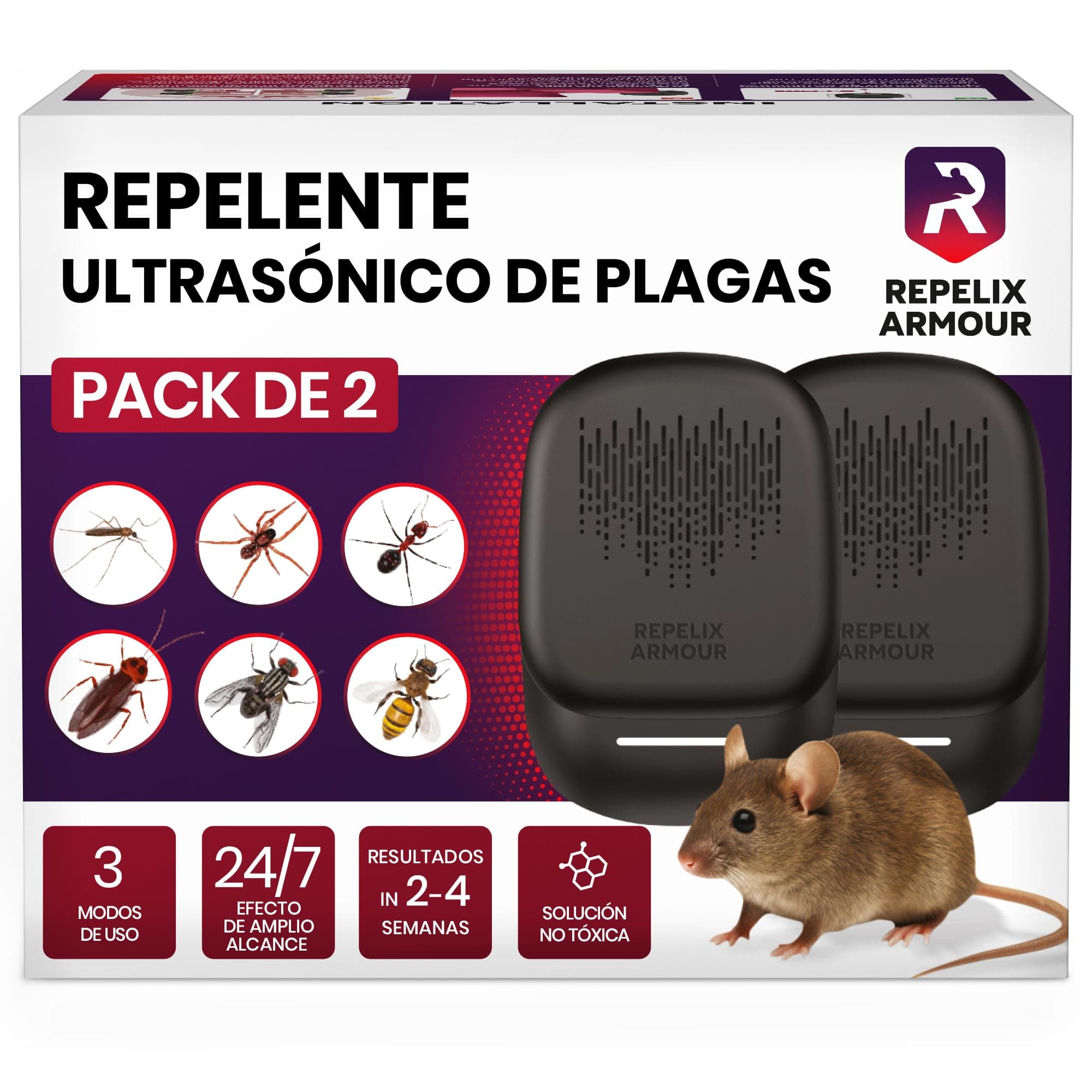 REPELIX ARMOUR Repelente ultrasónico de plagas para Interiores – Pack de 2 – Cubre 140m² por Dispositivo – 3 Modos – Repele Ratones, Ratas, arañas, Mosquitos, Hormigas, Insectos y Moscas