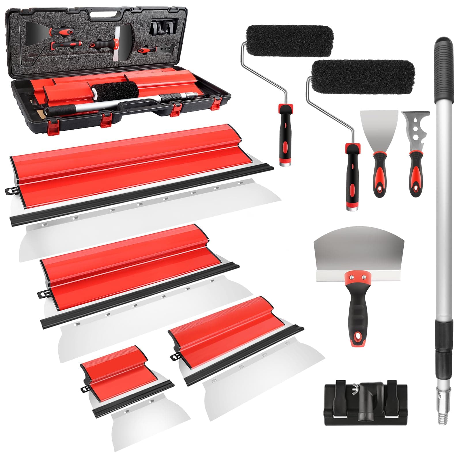 suokoun kit parfait liss avec Poignée d'extension, 25/40/60/80cm Lame à Lisser, et Lame Enduit de Rechange, Rouleau Enduit, Spatules en Acier Inoxydable pour Décoration