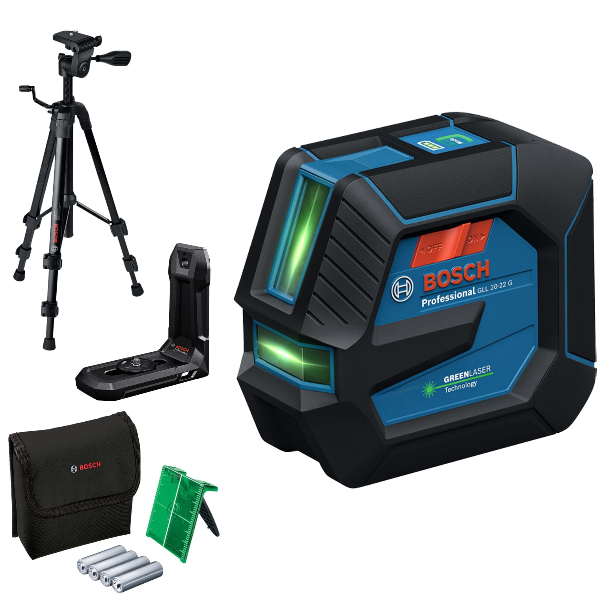 Bosch Professional Linienlaser GLL 20-22 G | Halterung LB 10, grüner Laser, Innenbereich, Dual Power Source, 2 x 1.5V LR6 Batterien, Schutztasche, Stativ BT 150