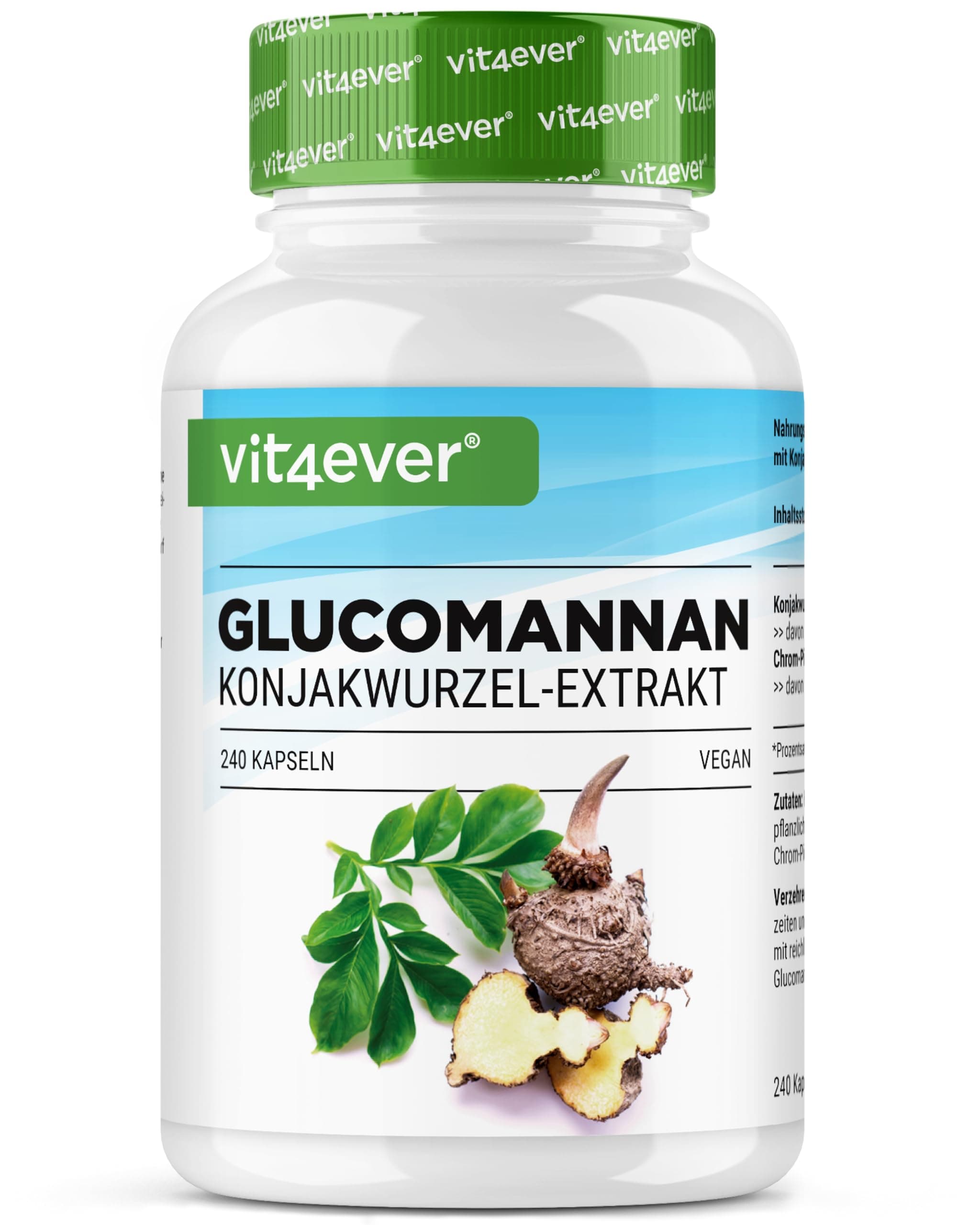 vit4ever Glucomannan aus der Konjak Wurzel - 240 Kapseln - Hochdosiert mit 4200 mg je Tagesportion - Optimiert mit Chrom - Vegan