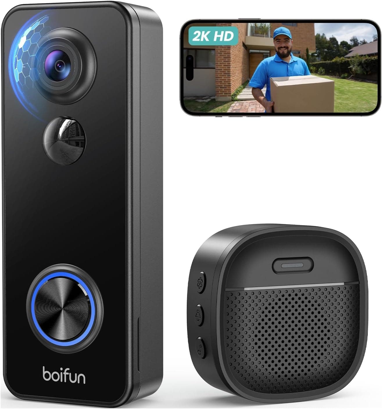 BOIFUN 2K HD Sonnette sans Fil Exterieur Etanche, Vision à 180°, Sonnette sans Fil avec Camera, Installation Facile, Détection IA Avancée, Vision Nocturne, Stockage Carte SD, WiFi 2,4 GHz Uniquement