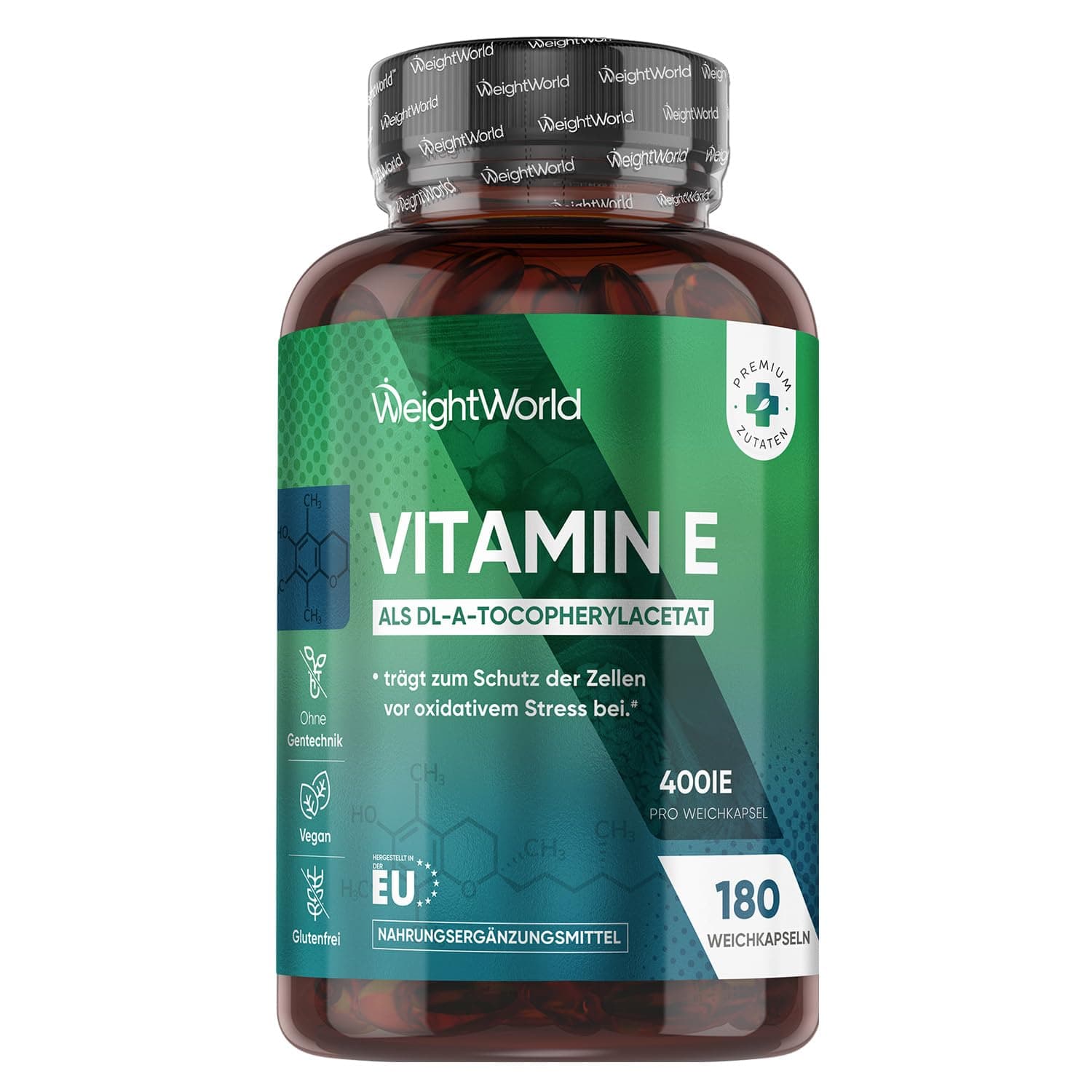Vitamin E Weichkapseln 400IE - 180 vegane Softgels - Vit E Öl DL Alpha Tocopherylacetat - 6 Monate Vorrat - Vitamin E trägt zum Schutz der Zellen vor oxidativem Stress bei (EFSA) - WeightWorld