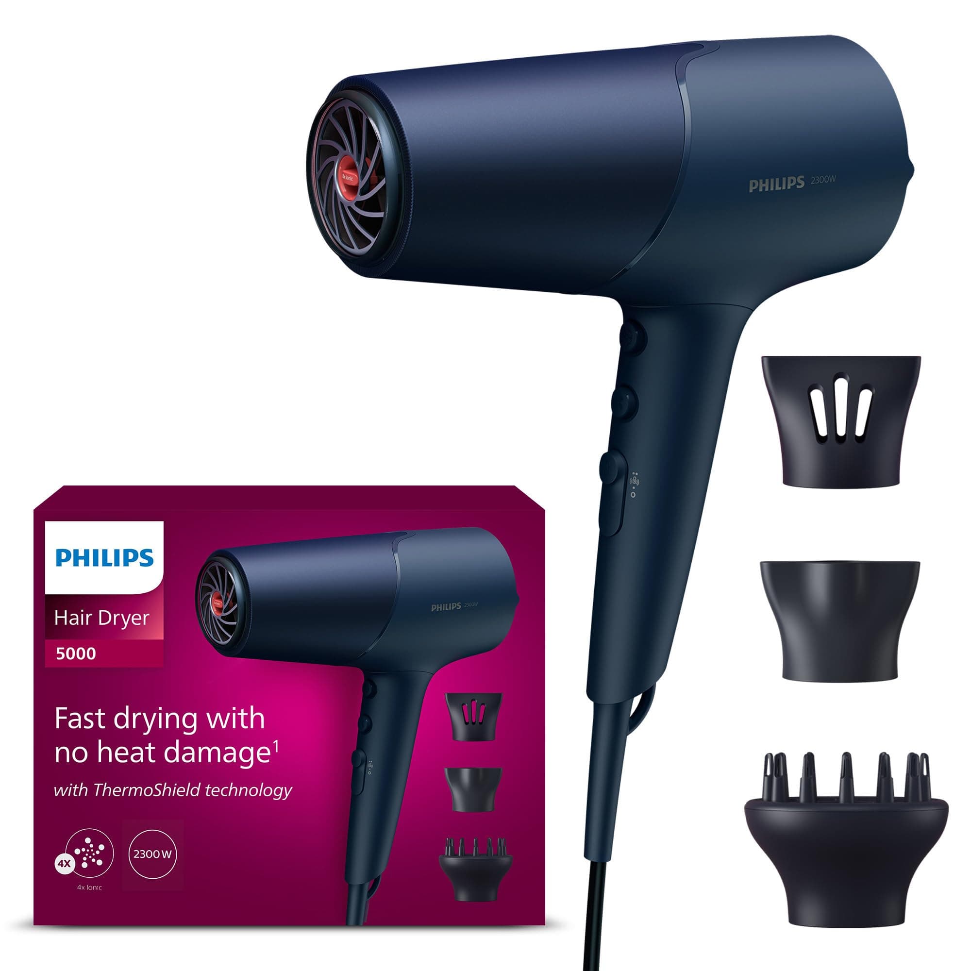 Philips 5000 Series - sèche-cheveux, technologie ThermoShield, ionique, 2 300 W, bleu métallique, avec concentrateur de 9 mm et 11 mm, diffuseur de volume, BHD510/20