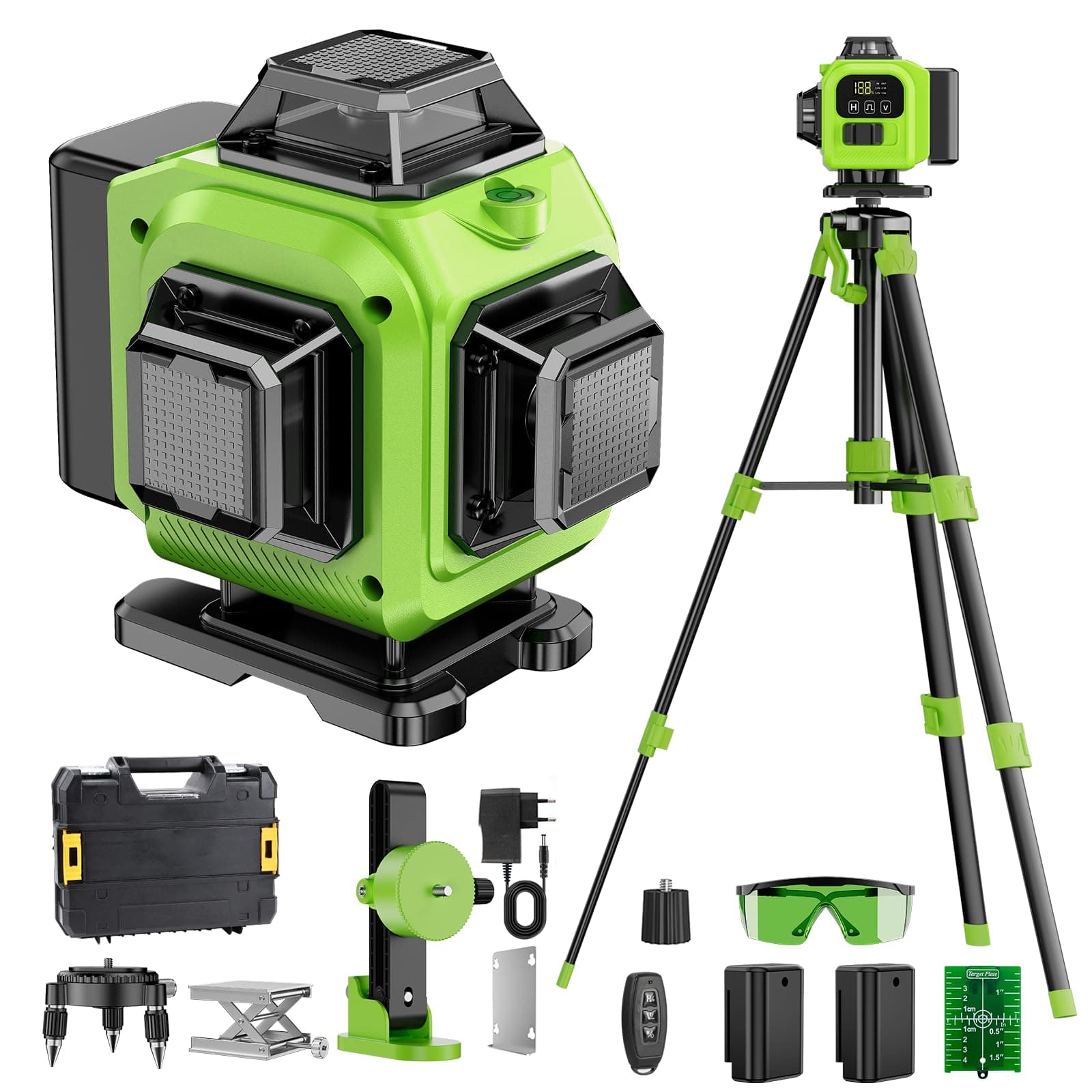 Nivel Laser Autonivelante 360 Grados, Nivel Láser Verde 16 Líneas, 2 x 360 Horizontal y 2 x 360 Verticales, 2 x Batería, Montaje en Pared, Control Remoto, Base Magnética, Soporte Giratorio, Trípode