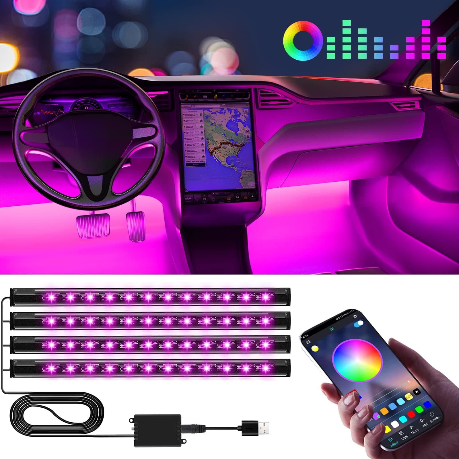 Winzwon Accessoire Voiture Interieur Femme Homme, LED Voiture Interieur, Accessoire Voiture Lampe, 16 Millions de Couleurs Car Accessories Contrôle APP