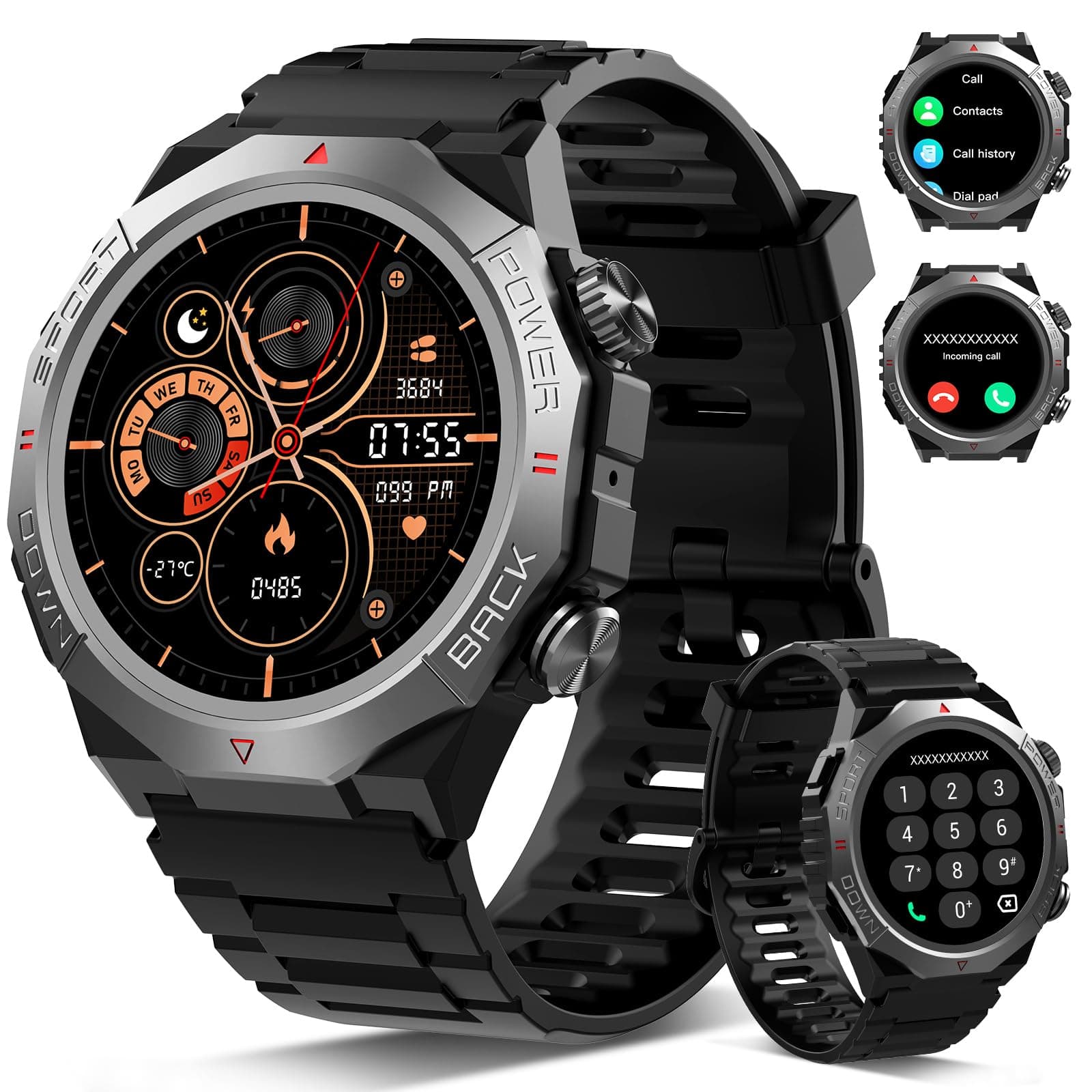 Smartwatch Uomo Donna con Effettua o Risposta Chiamate, 1.39" Militare Orologio Smartwatch, Sonno Cardiofrequenzimetro, 110+ Modalità Sportive Fitness Tracker, IP68 Smart Watch per Android iOS, Nero