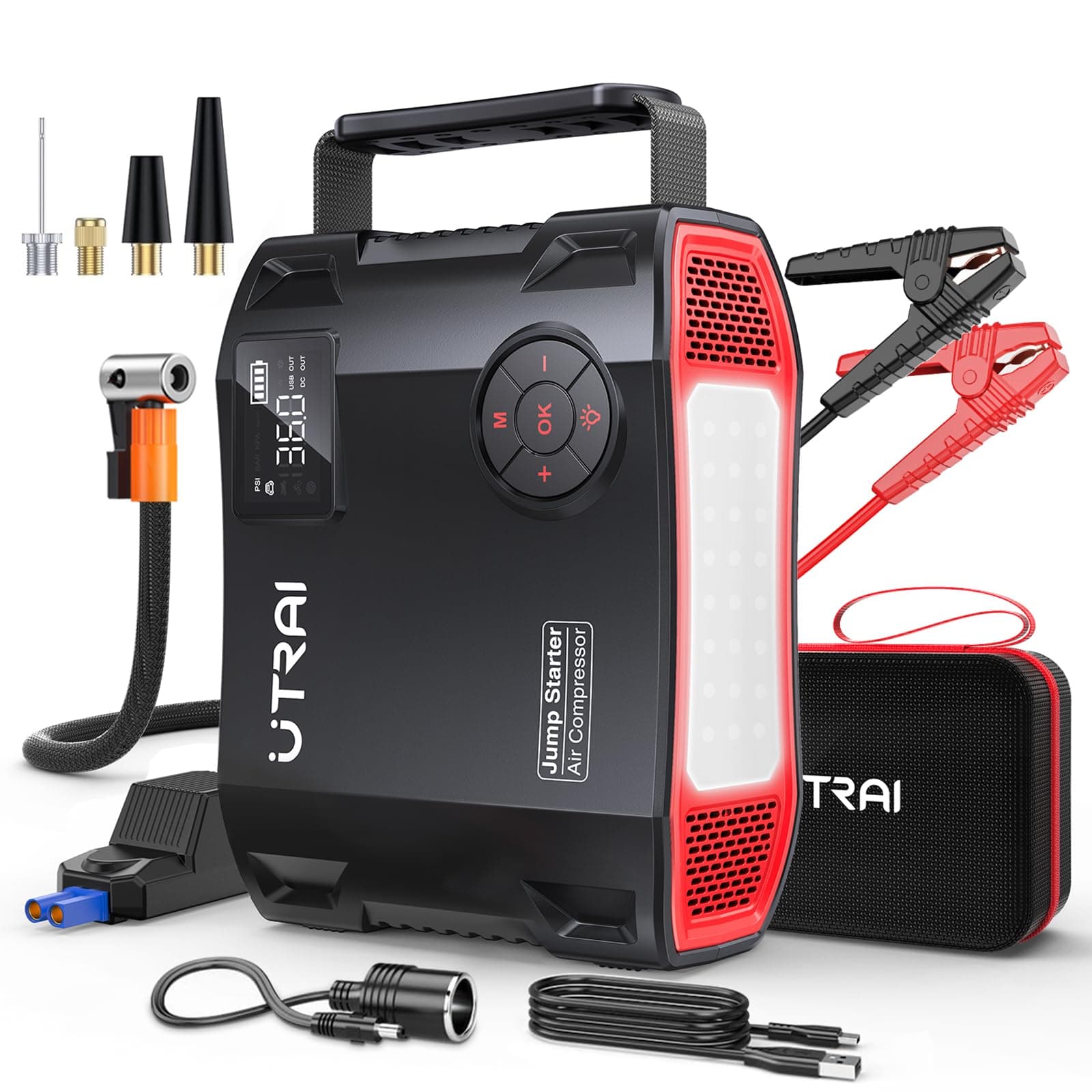 27000mAh Arrancador de Baterías de Coche con Compresor de Aire/18W Carga Rápida/Luz LED de 1600 lúmenes/160W DC out/Pantalla LCD/Carga rápida 3.0(All Gas o 12L Diesel) UTRAI 8000A Jump Starter