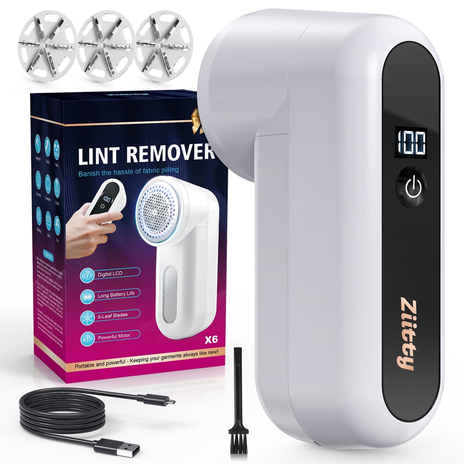 Ziitty Levapelucchi Elettrico, Viene Fornito con 3 Lame da 6 in Omaggio, Display LCD, Cavo di Ricarica Type-C, Piccola Spazzola, Adatto a Tutti i Tessuti,Grande Regalo di Famiglia per le Donne(Bianco)