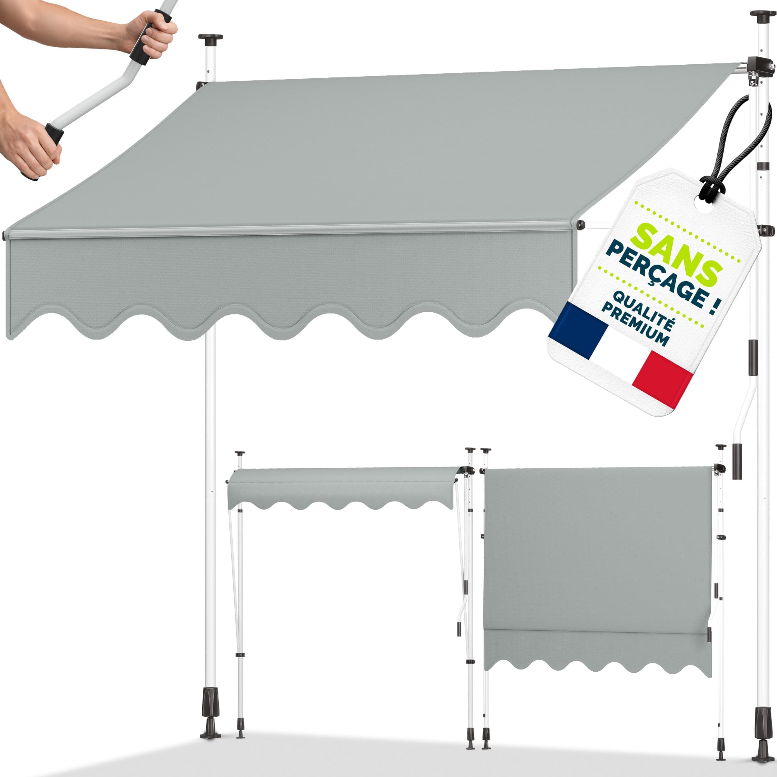 tillvex Store Banne Manuel rétractable avec manivelle pour Le Balcon | Marquise de terrasse sans percement | Marquise Soleil de Balcon auvent téléscopique (Gris Clair, 400cm)