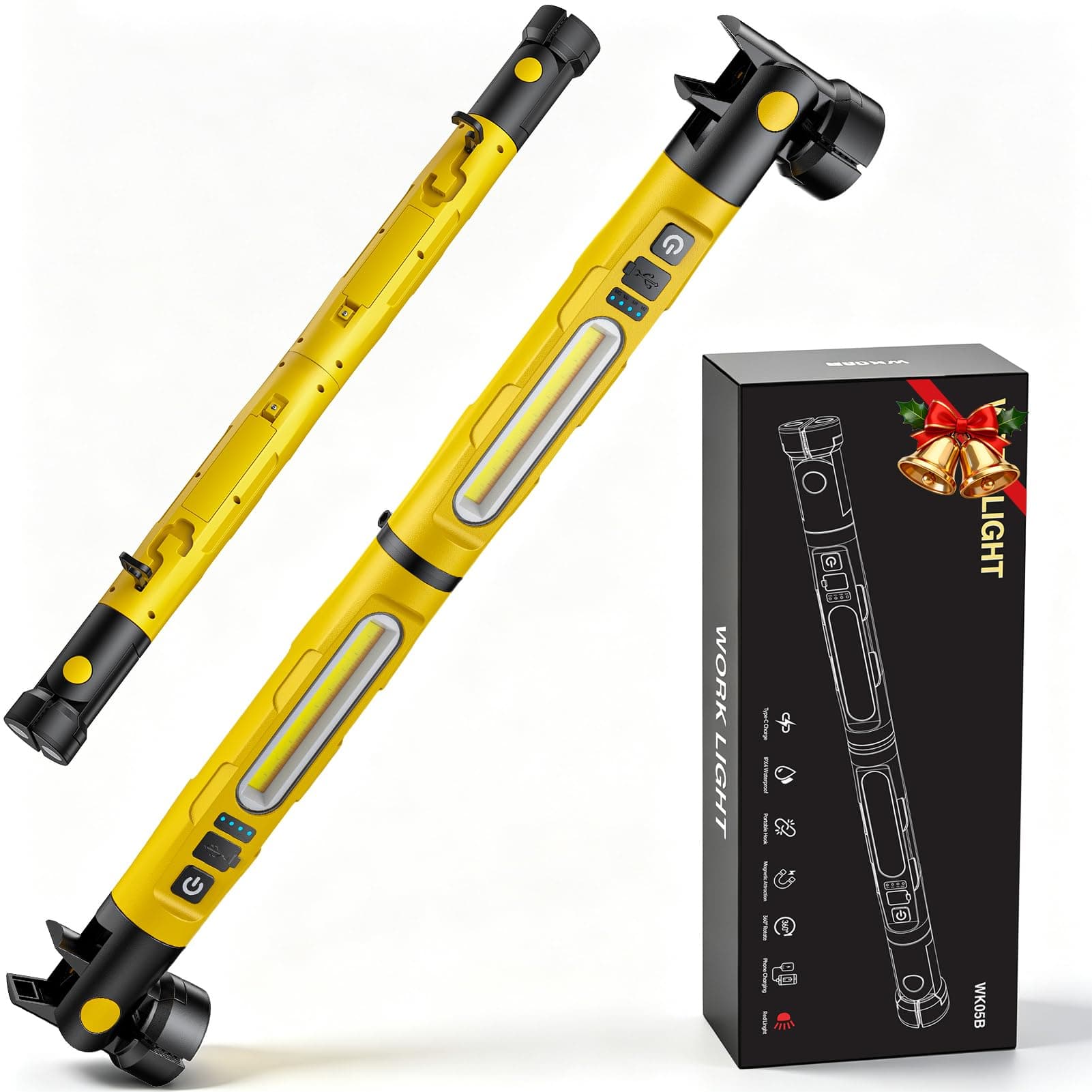 Onherm Lampada da Lavoro, 3000LM Torcia LED Ricaricabile Magnetica, 5200mAh Batteria, Portatile con Gancio Appeso, Torcia 5 Modalità Lanterne per Officina Riparazione Auto Garage Campeggio (Giallo)