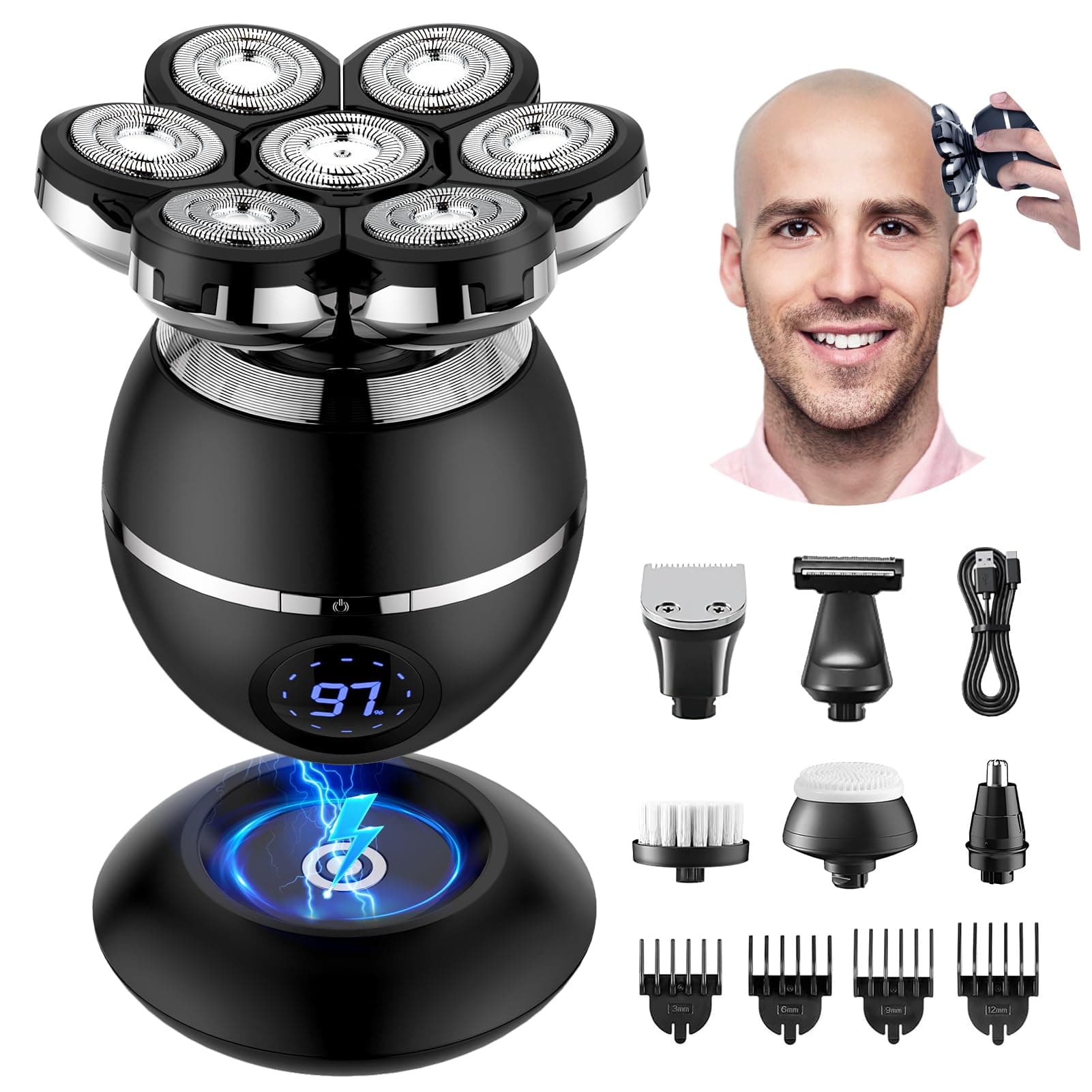 ETENTOUS Rasoir Tete Chauve Homme, 7D Rasoir Électrique Homme- 6 en 1 Tondeuse Crane Chauve- Humide/Sec Étanche IPX7 Pour Hommes Chauves Avec Écran LED.
