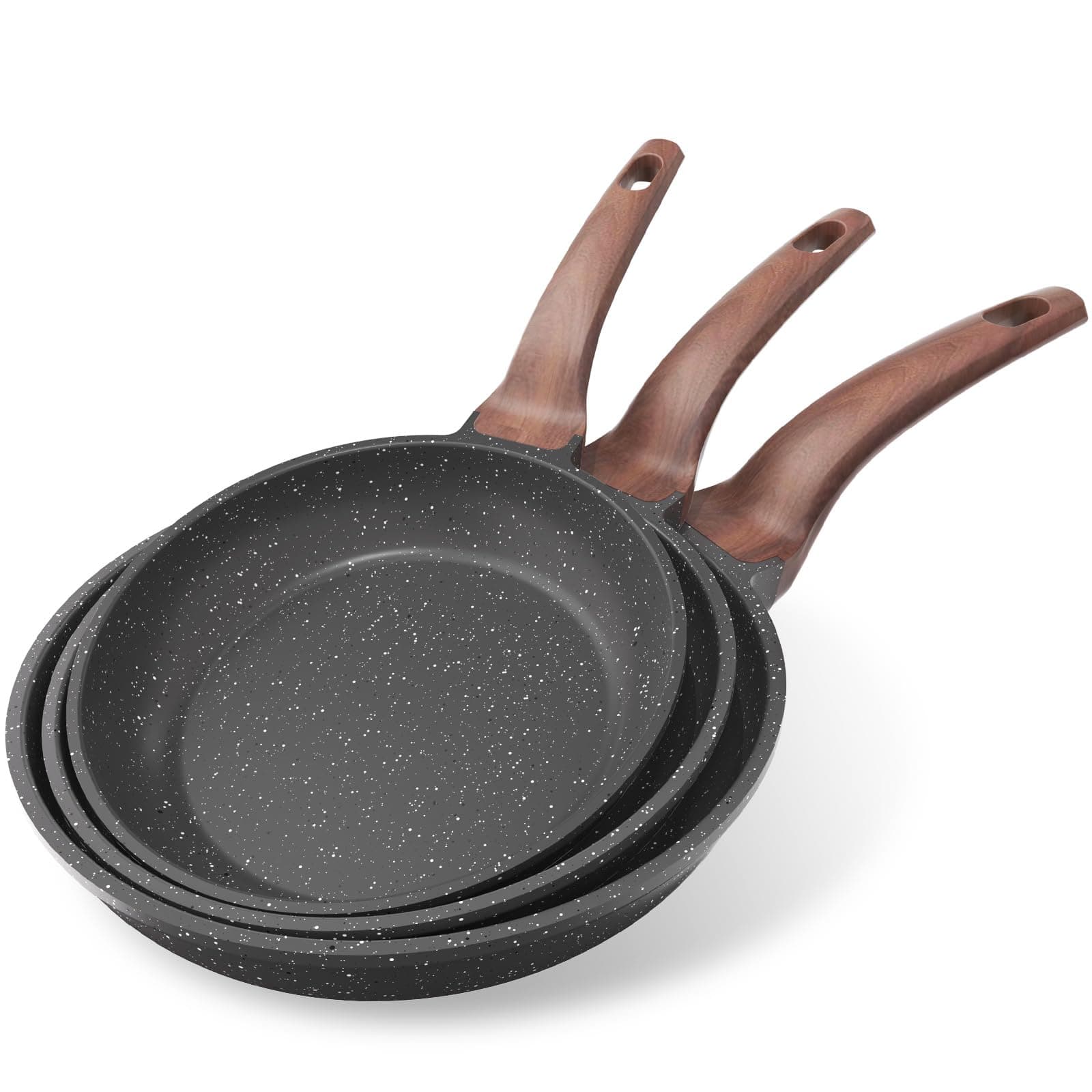 YASHE Set de 3 Sartenes Antiadherentes de 20/24/28 cm con Revestimiento de Granito – Compatibles con Inducción, Ligeras, Duraderas y Saludables para Cocina Diaria