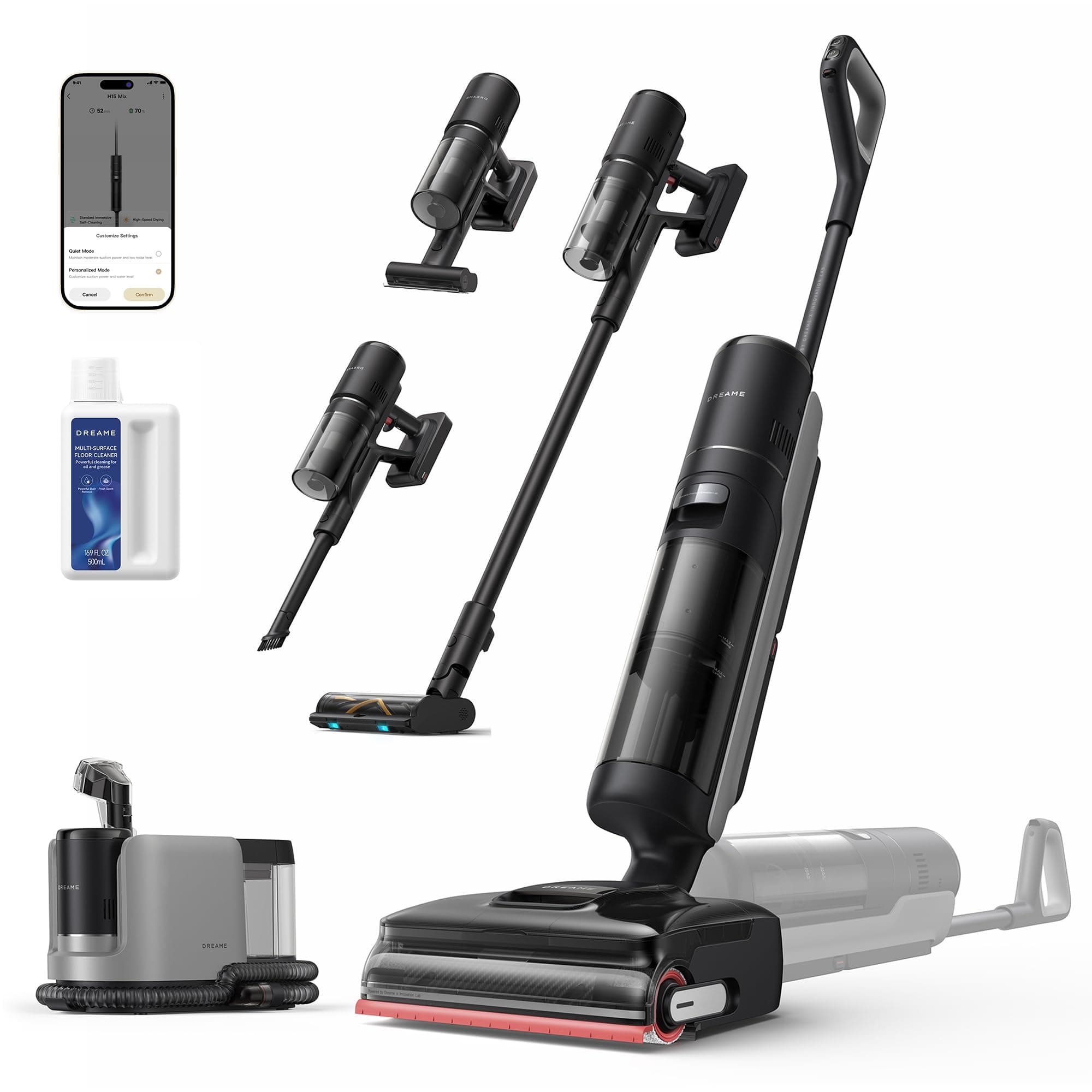 dreame H15 Mix Aspirateur Laveur 7-en-1, Bras robotique IA, Nettoyage des Bords Triple, 23 000 Pa, Solution à Rapport Intelligent, Lavage de la Brosse à l'eau à 100 °C, séchage 5 Min à 90 °C, à Plat