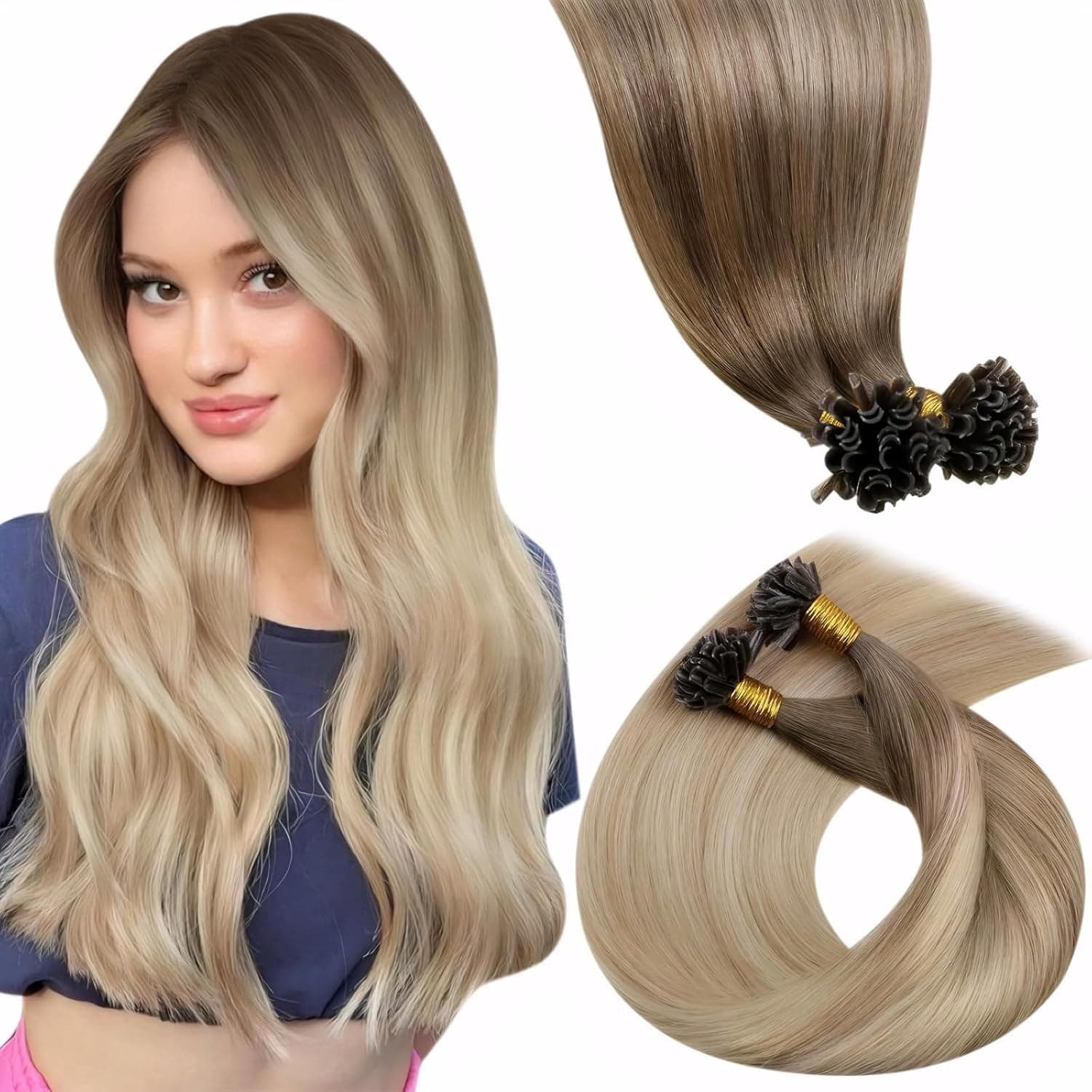 LaaVoo Extension Capelli Veri Cheratina 100 Ciocche 100g Biondo Extension Cheratina Capelli Veri Remy Lisci Balayage Marrone Chiaro a Biondo Cenere e Bionda Platino 45cm #8/18/60