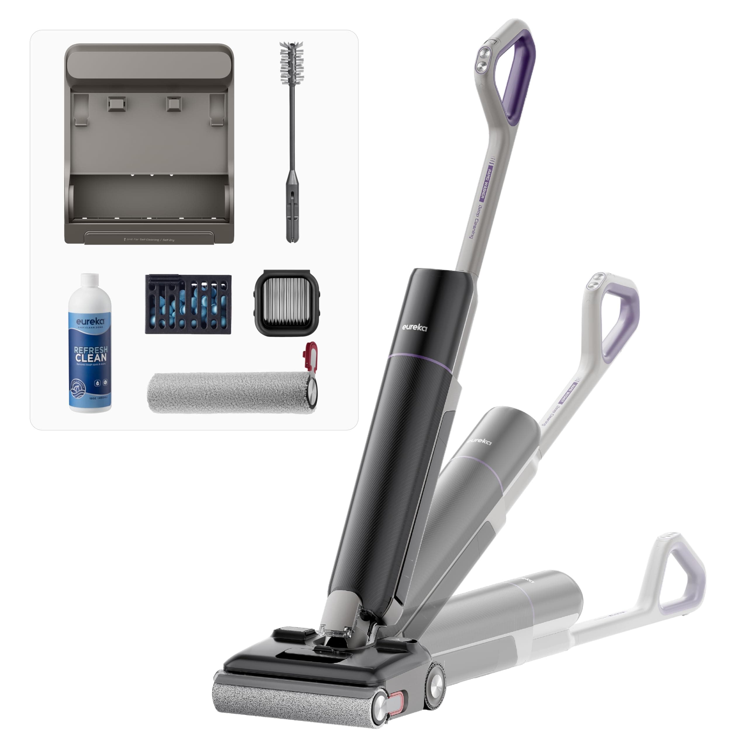 Eureka FloorShine 880 Aspirateur Laveur Inclinaison à Plat 180° Hauteur 13 cm, Nettoyage Bords Double, Lavage Eau Chaude 100°C, Séchage Air Chaud 75°C, 24000Pa, Anti Emmêlement 3,0, Autonomie 60min