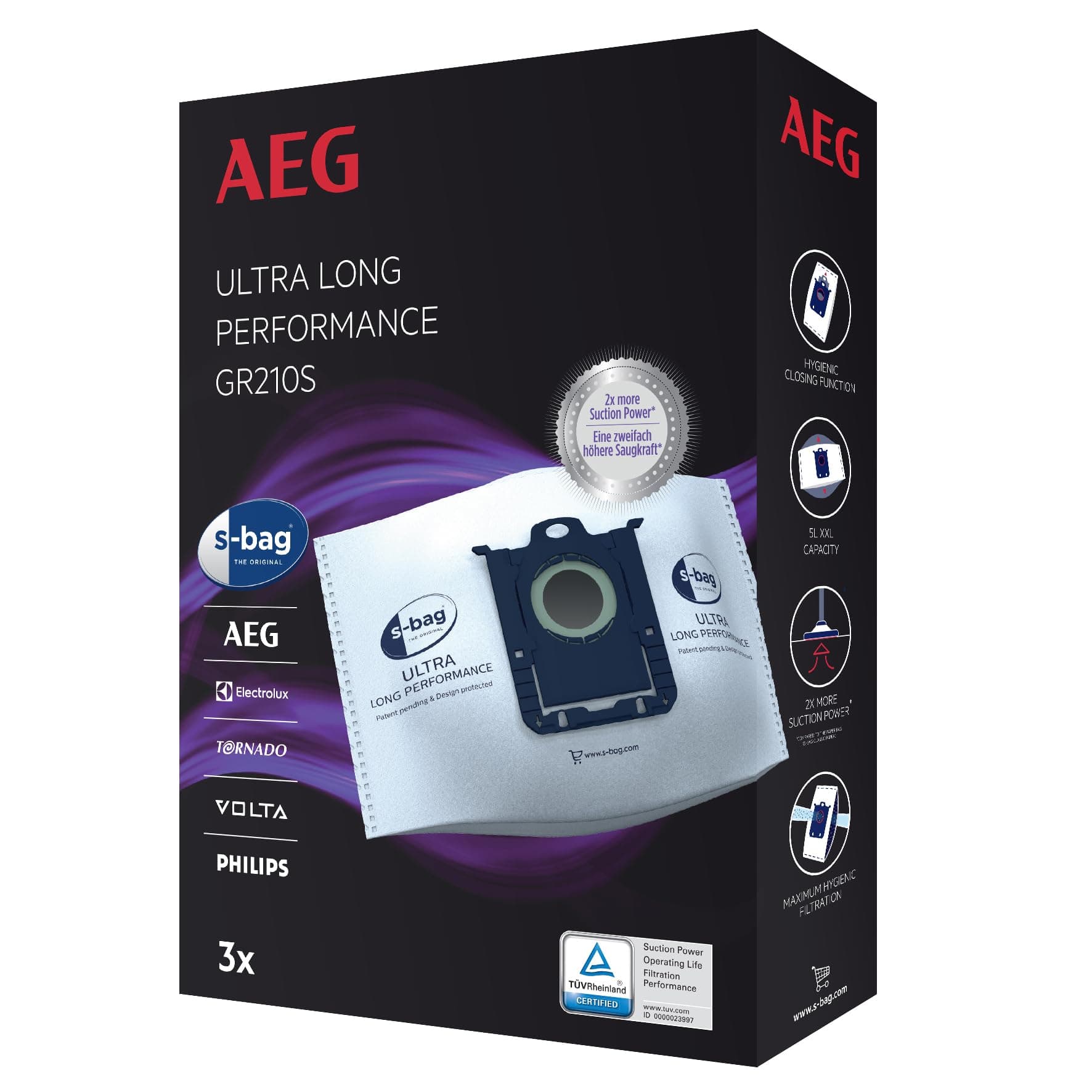 AEG GR210S s-bag Ultra Long Performance Staubsaugerbeutel (3 XXL Synthetik Staubbeutel für dauerhaft hohe Saugleistung, optimale Filtration, Hygieneverschluss, 5 Liter Volumen, weiß)
