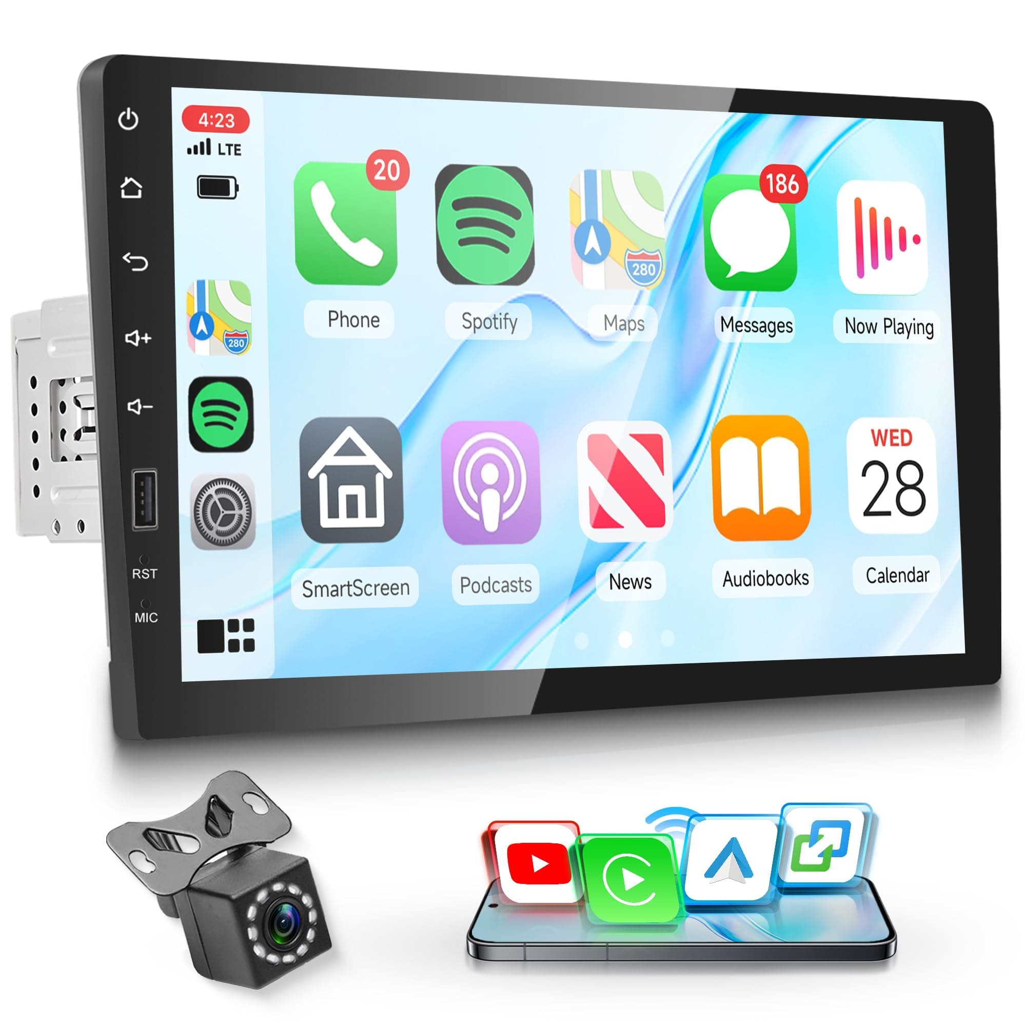 Inalámbrico Carplay Radio de Coche 1 DIN con You-Tube Android Auto, 9 Pulgadas Pantalla Táctil Radio Coche con Mirror Link Bluetooth FM/Am/RDS Radio USB/EQ/AUX Control del Volante Cámara Trasera
