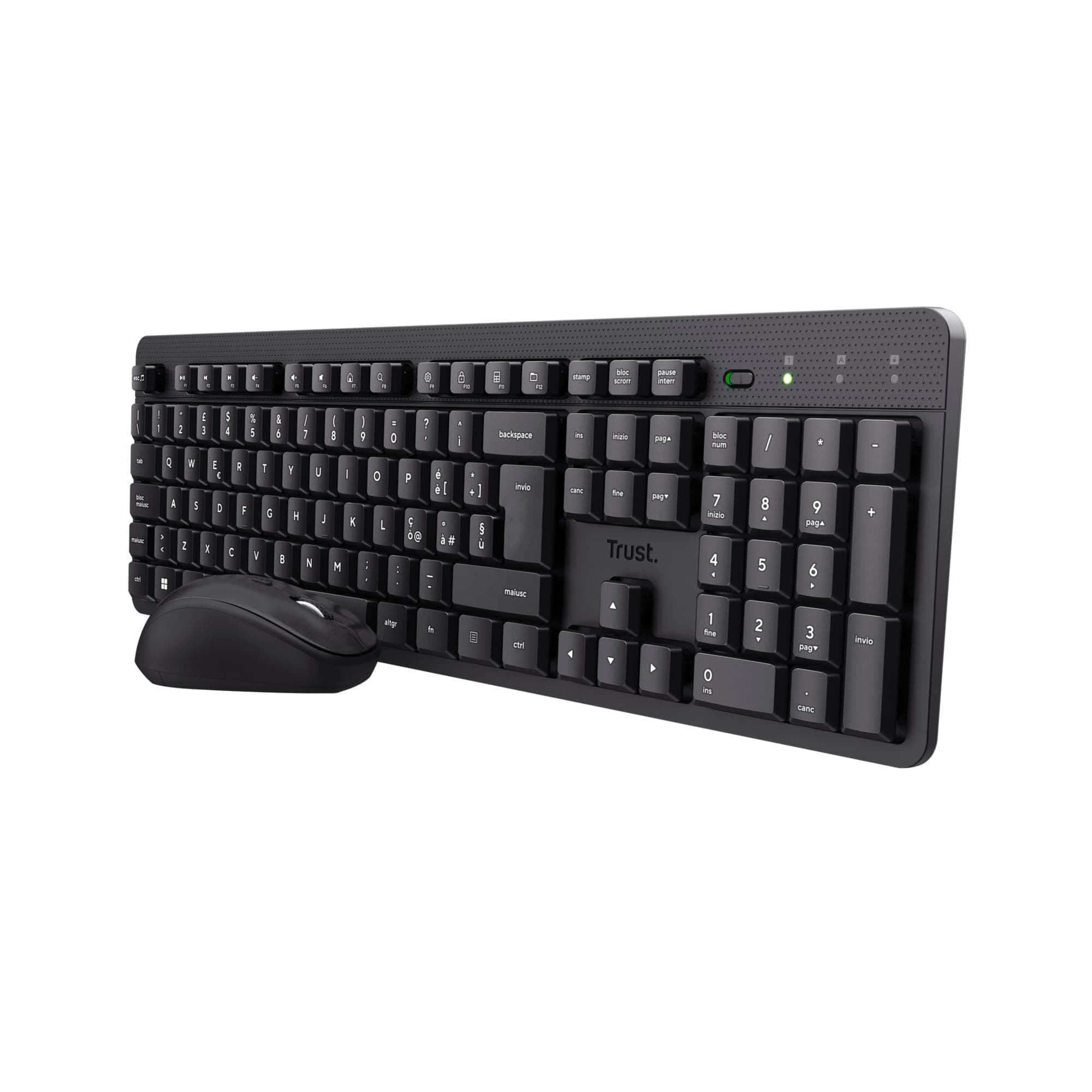 Trust Ymo II Set Tastiera e Mouse Wireless Silenziosi Italiano QWERTY, Tasti a Profilo Ribassato, Resistente agli Sversamenti, Unico Ricevitore USB, Kit Senza Fili per PC, Laptop, Mac, Windows - Nero