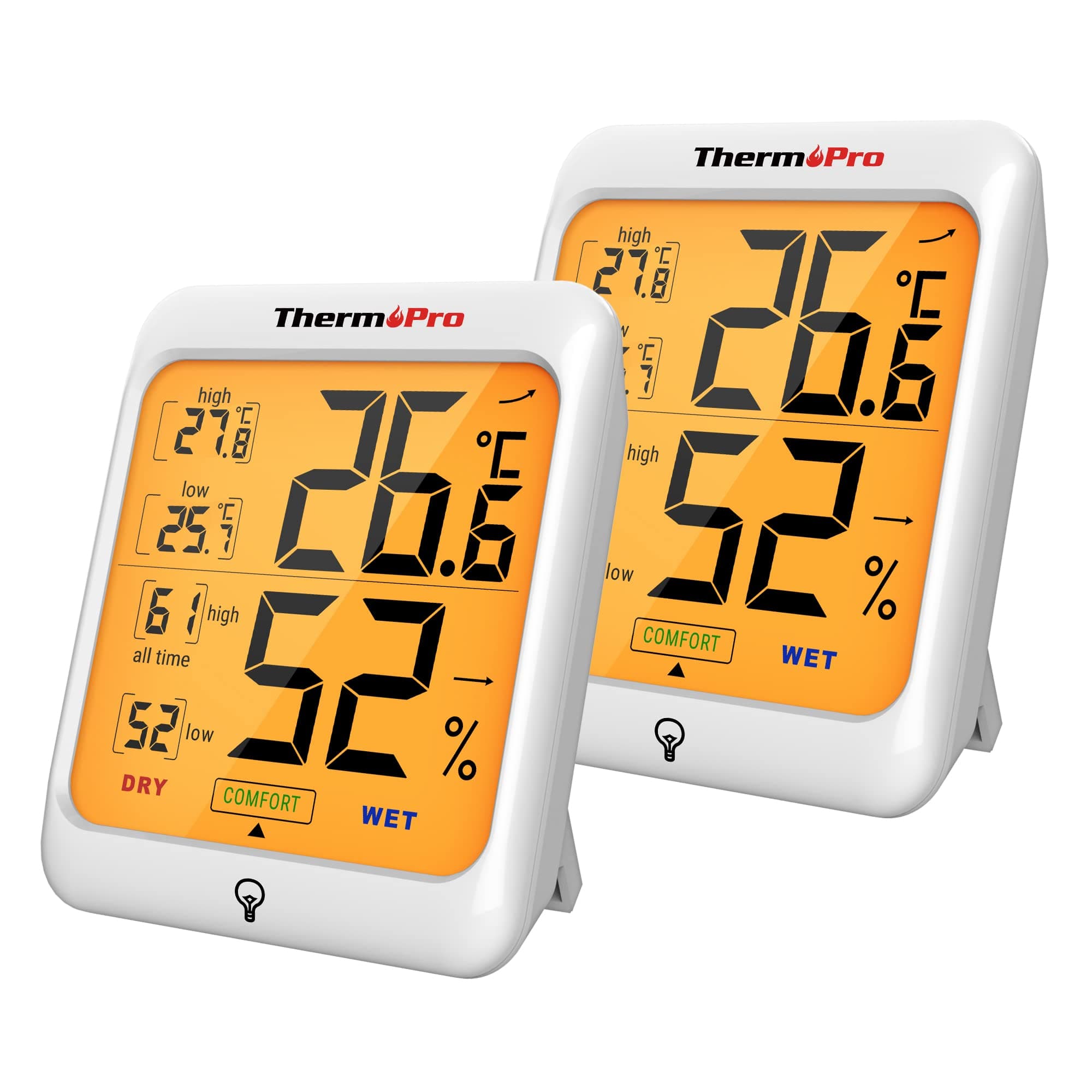 ThermoPro TP53 Termómetro Higrómetro Digital Medidor de Humedad y Temperatura de Interior Termohigrómetro Profesional para Habitación Ambiente con Retroiluminación Táctil, 2 Piezas