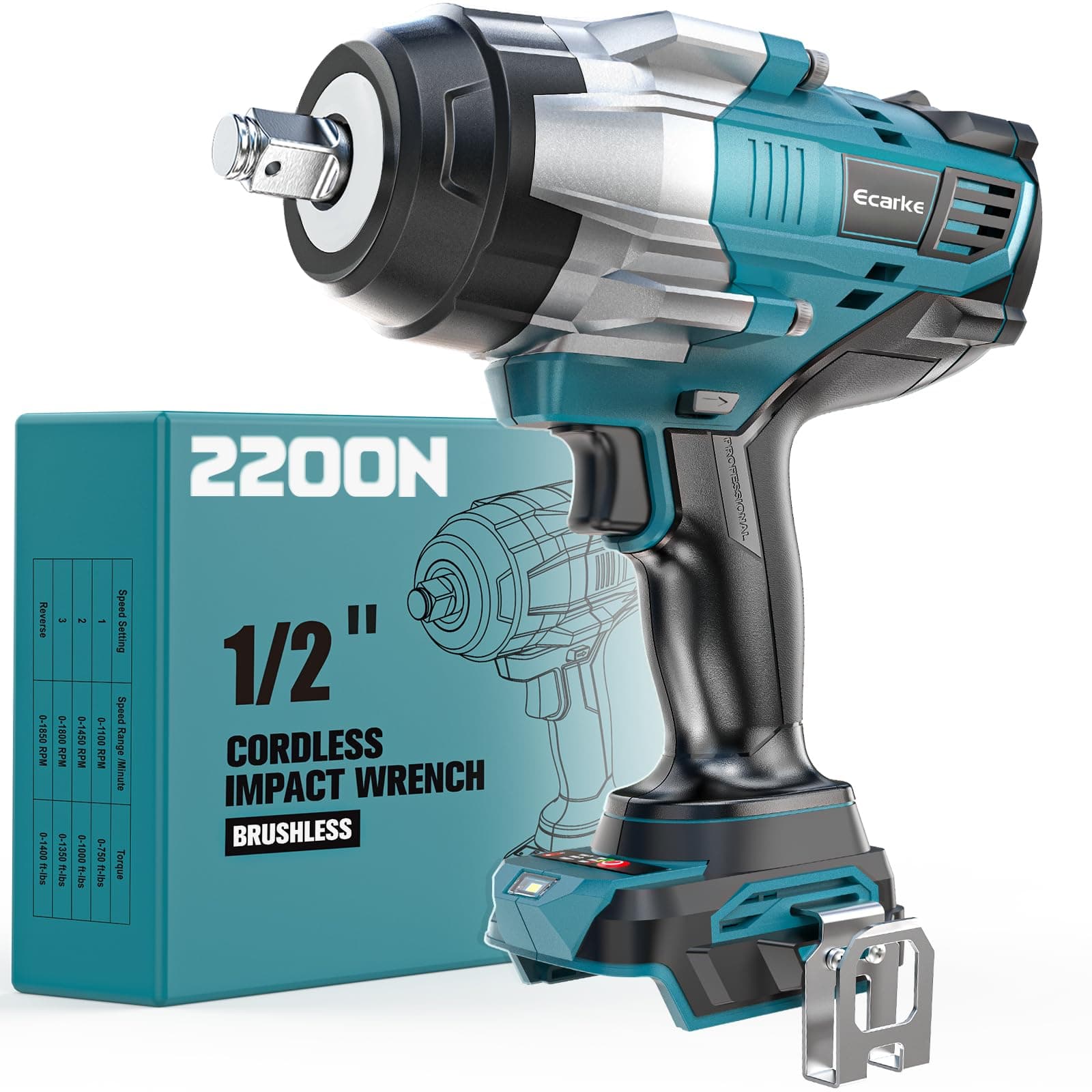 Ecarke Boulonneuse sans fil 2200 Nm compatible Makita 18V – Clé à chocs 1/2" sans balais avec lumière LED pour voitures et machines lourdes – Sans batterie