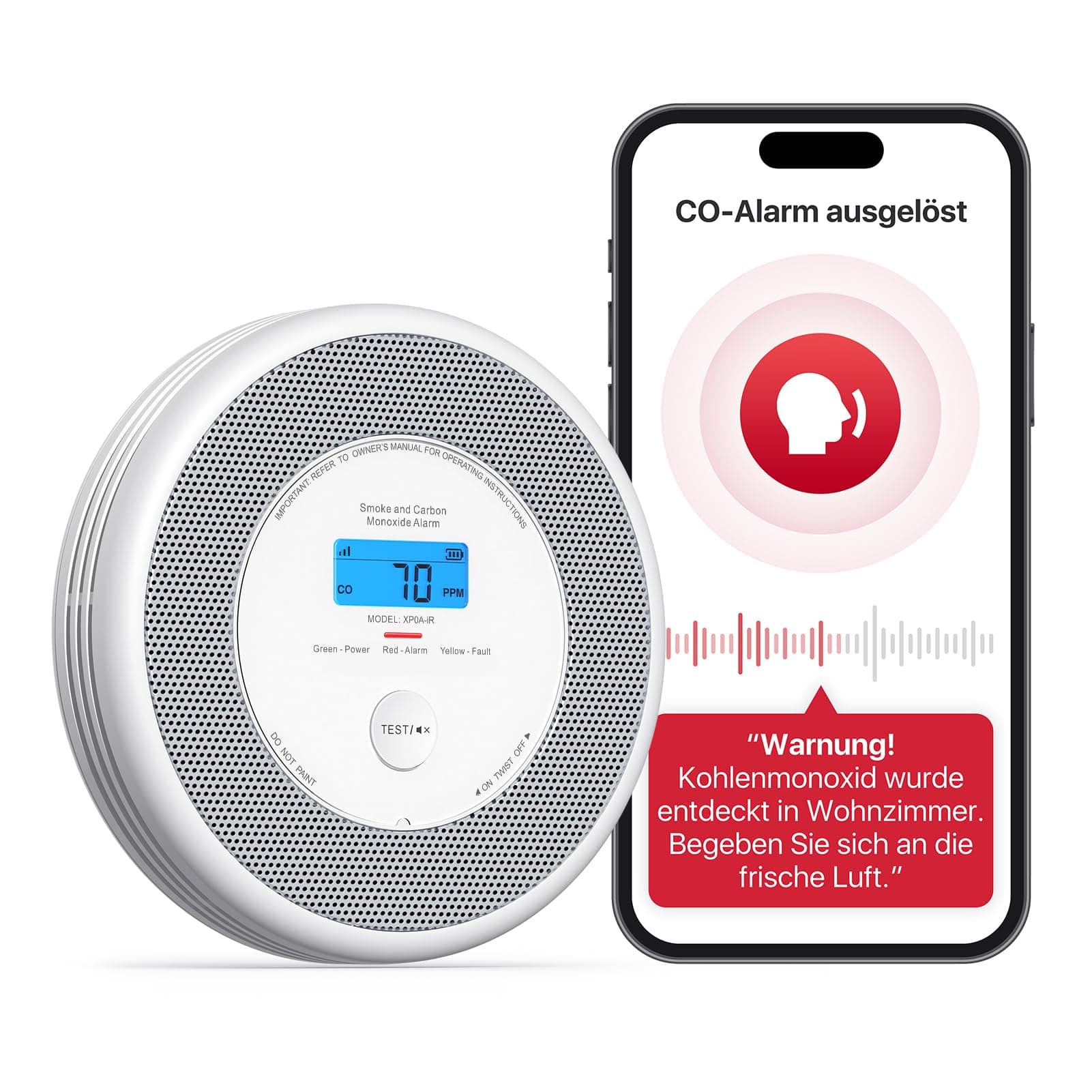 X-Sense XP0A-iR Rauch und CO Melder mit Sprachalarm und Standortansage, WLAN Kombinierter Rauch- und Kohlenmonoxidmelder für 17 festlegbare Räume，kompatibel mit der X-Sense Home Security-App, 1 Stück