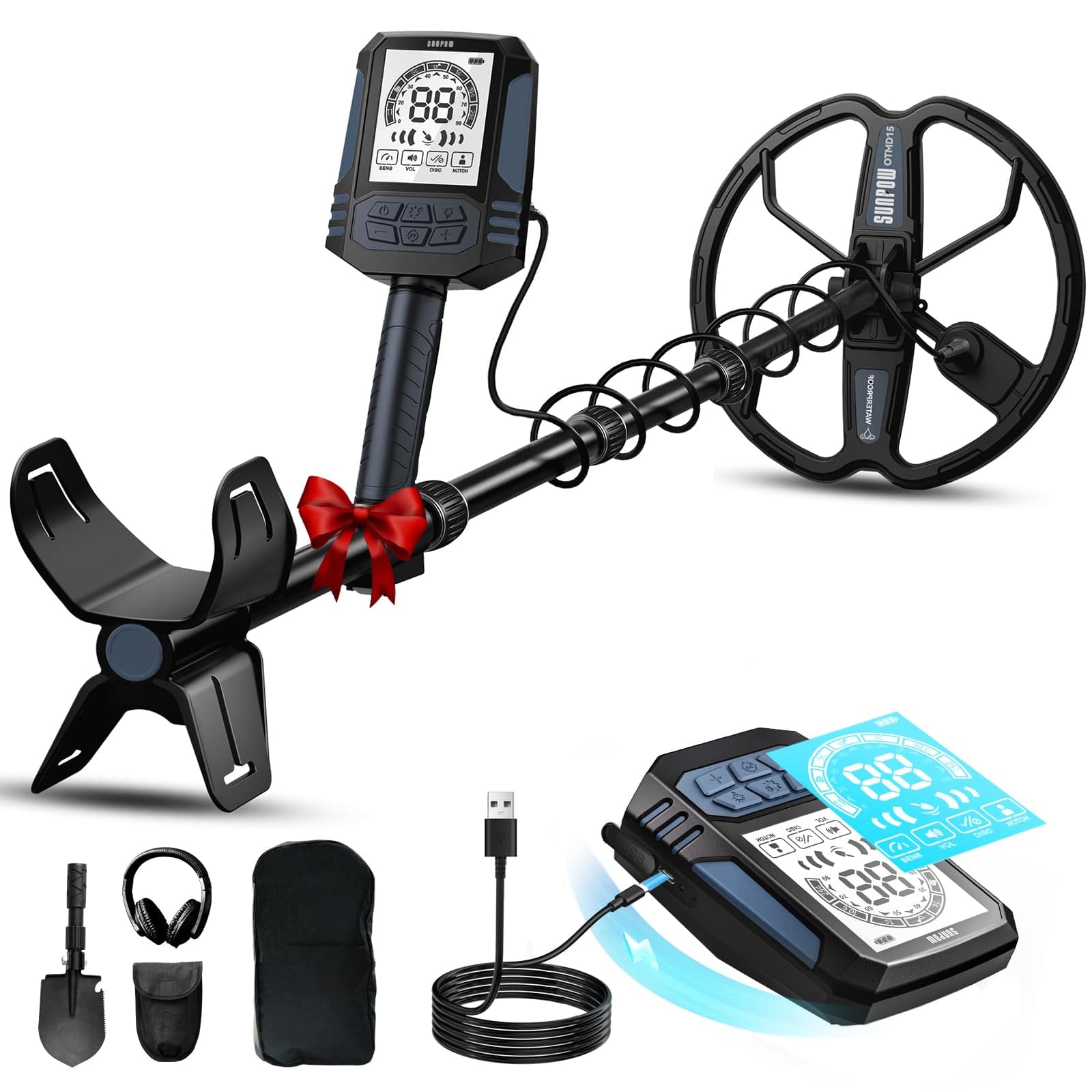 SUNPOW Detector de Metales Recargable - Bobina D Doble de 11 Pulgadas, Batería de Litio de 35h, 10 Niveles de Sensibilidad, 4 Modos de Búsqueda, 7 IDs de Metales, con Pala, Mochila y Audífonos