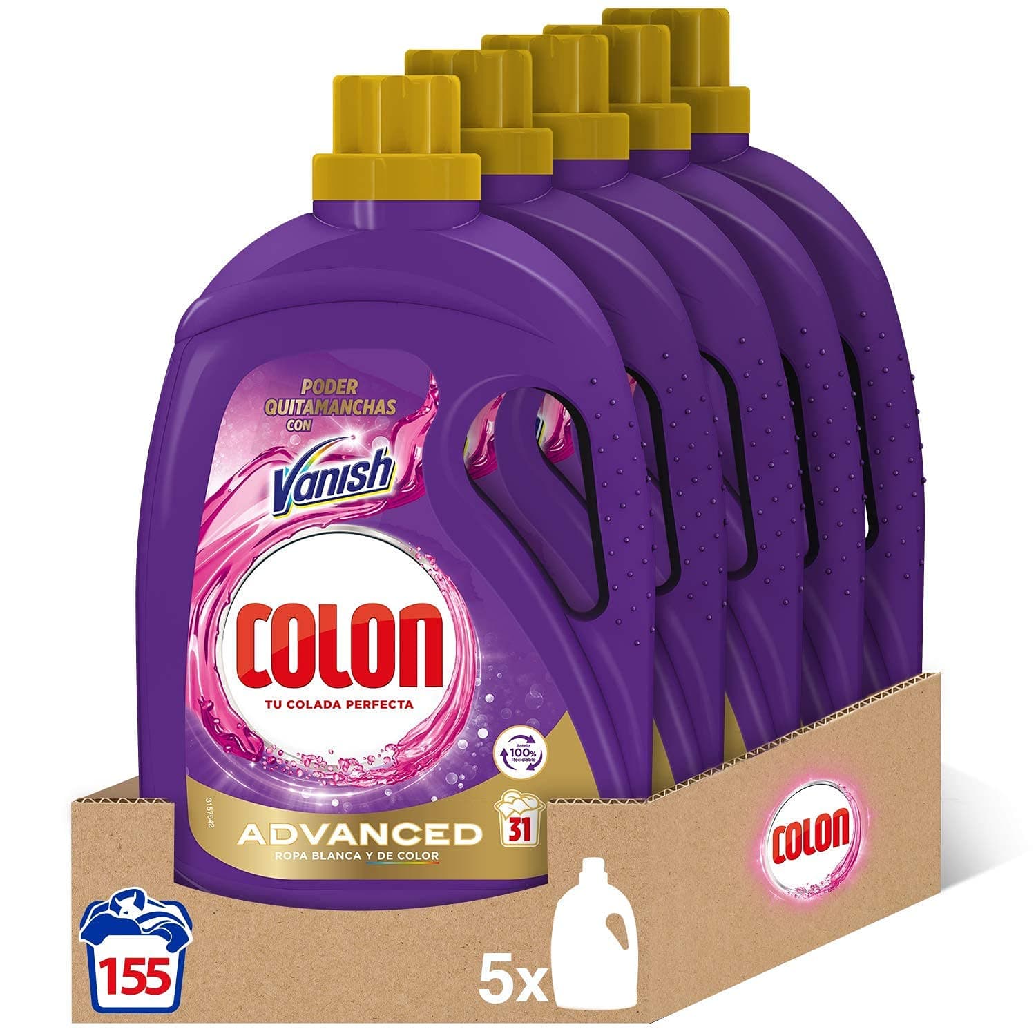 Colon Vanish Advanced - Detergente para lavadora con quitamanchas, adecuado para Ropa Blanca y de Color, Formato Gel - Pack de 5, 1.55 l Paquete de 5, 155 Dosis