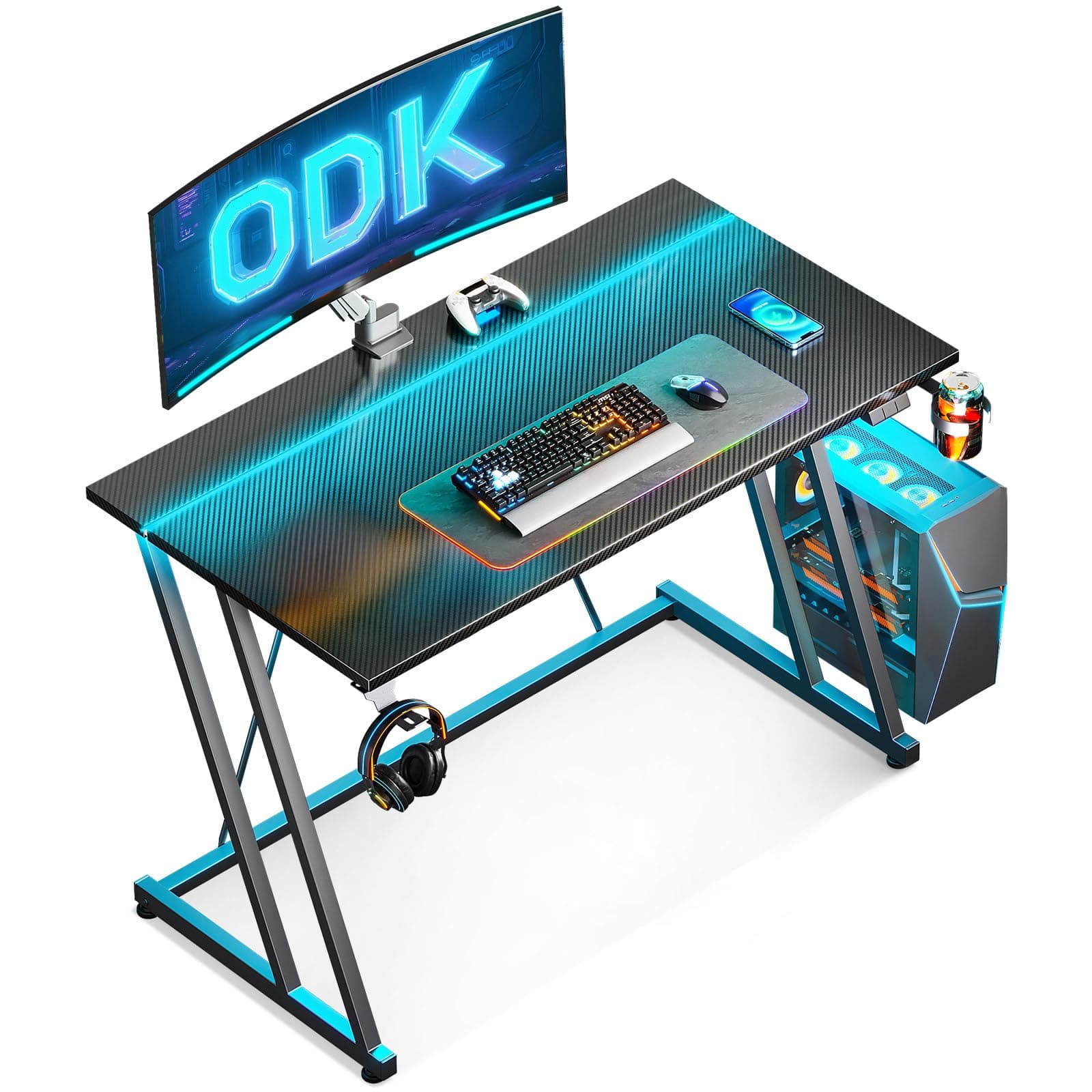 ODK 100 × 50 cm Mesa Gaming con Luces LED, Escritorio Gaming con Soporte para Taza y Gancho para Auriculares, Diseño Doble Z Mesa Mesa Ordenador Fibra de Carbono Negro
