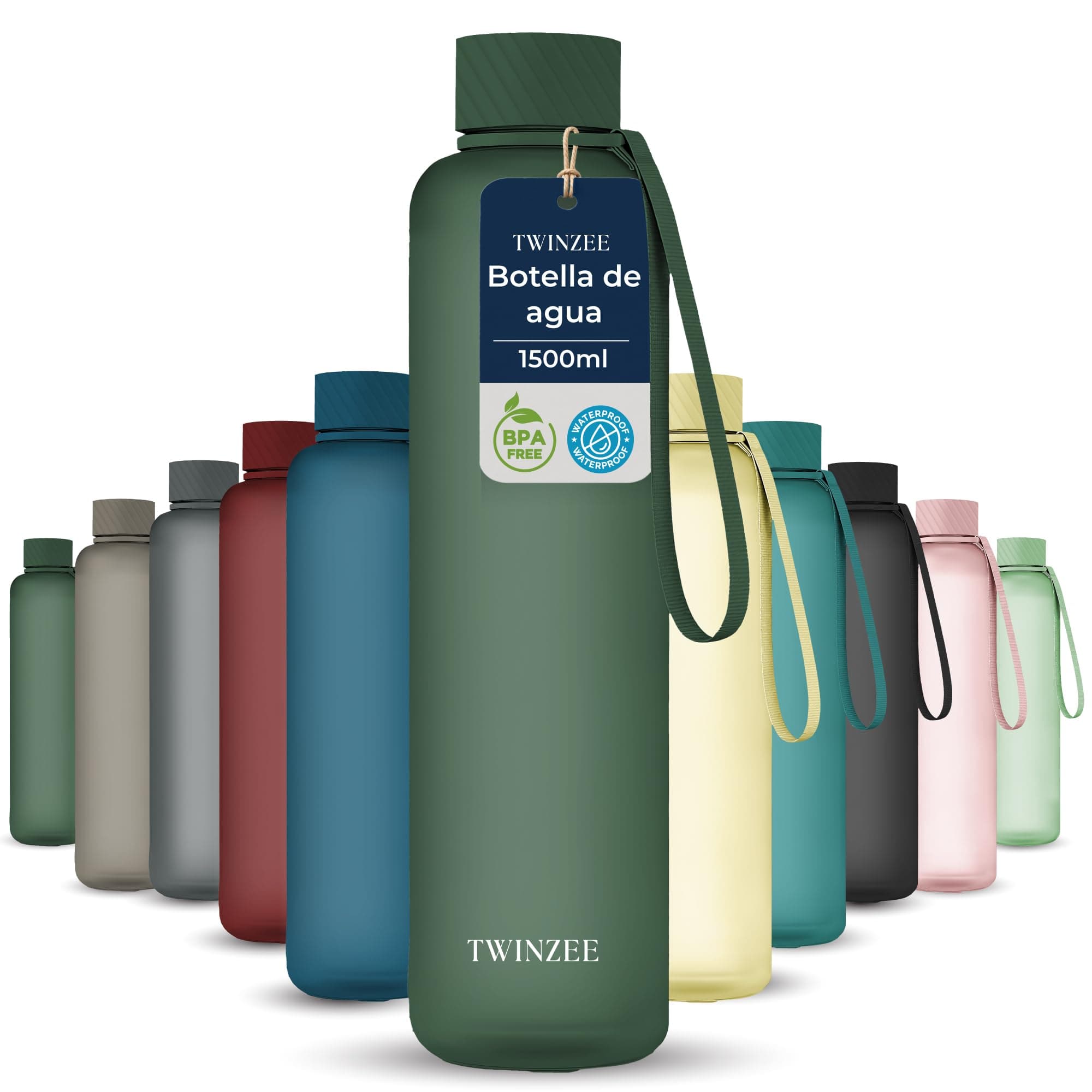 Twinzee Botella Agua 1,5 litro - Sin BPA & Antigoteo, Botella de Agua Deportiva, Oficina, Colegio, Gym, Cantimplora - Tritan Water Bottle, Verde Bosque