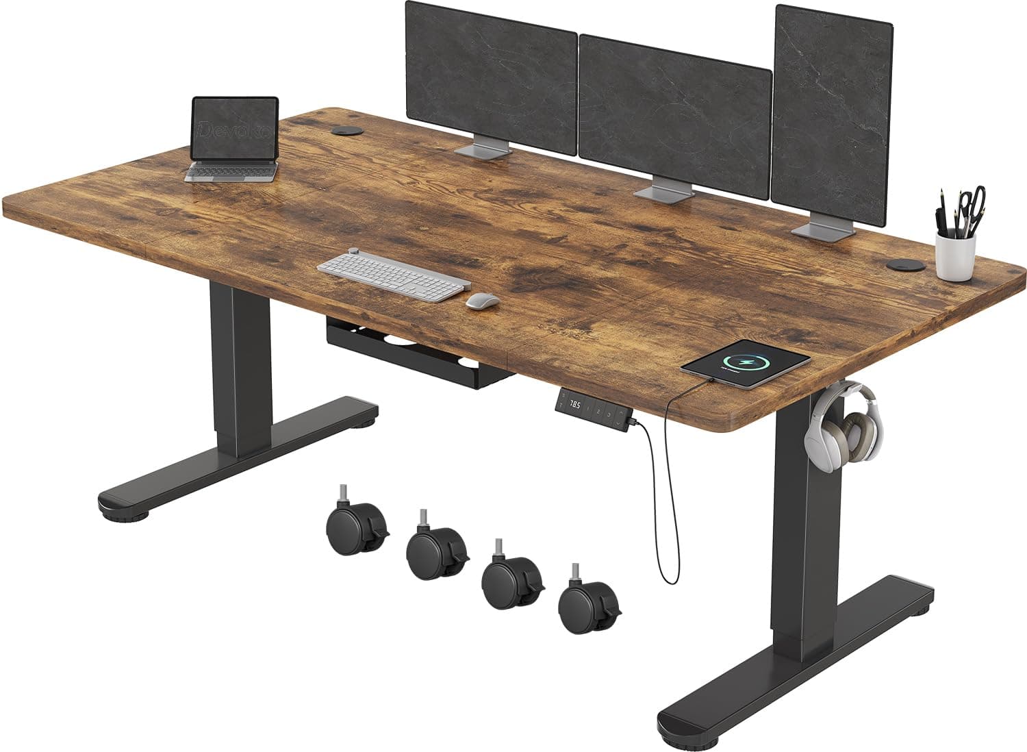 Devoko Escritorio Elevable Eléctrico 160 x 80 cm de Carga USB A, Escritorio Ajustable en Altura con Tablero, 3 Función de Memoria y Anticolisión, Regulable en Altura 72-118cm, Marrón