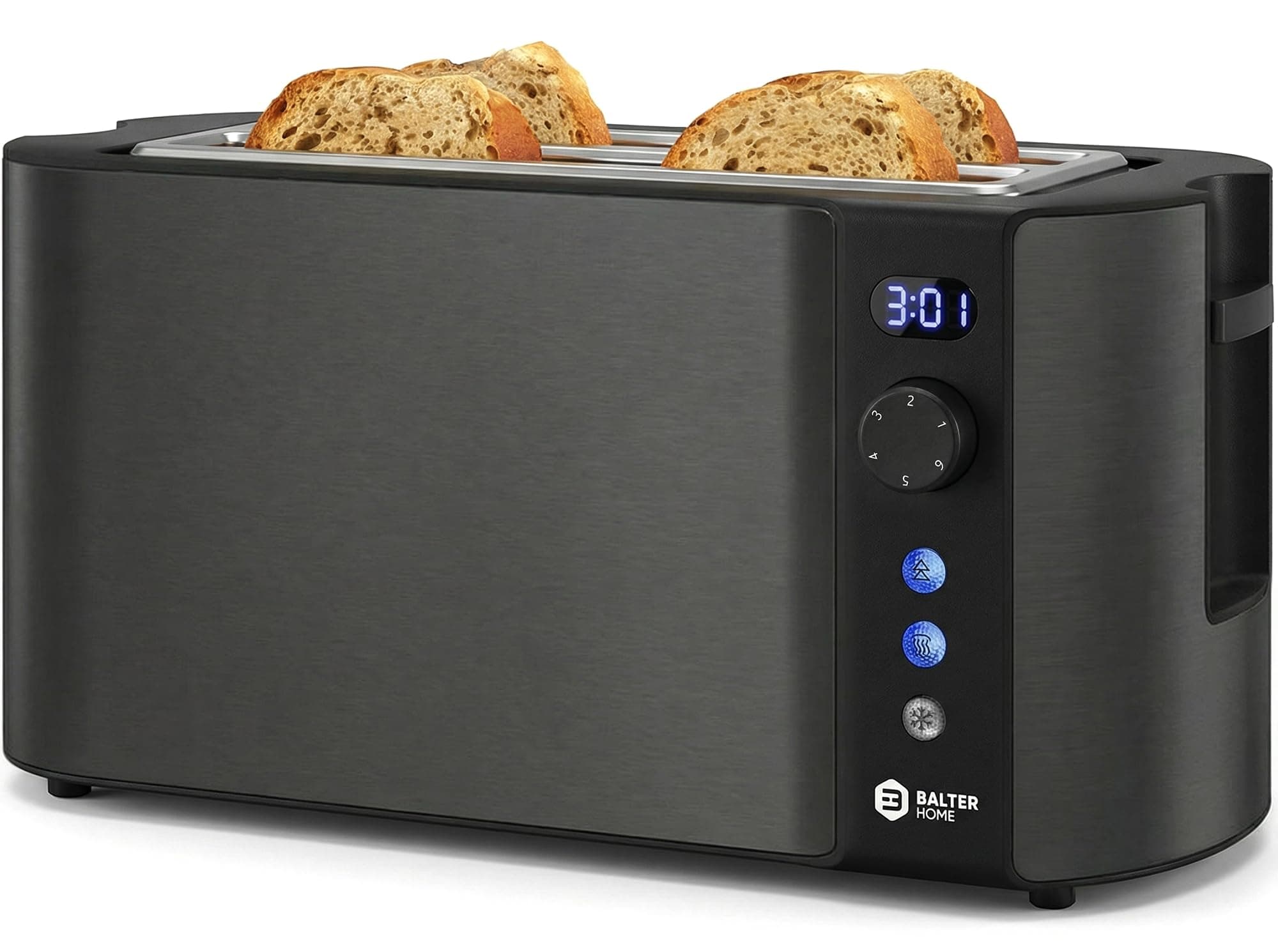 Balter Toaster 4 Scheiben, Langschlitz, Edelstahl, Brötchenaufsatz, LCD Display mit Restzeitanzeige, Auftaufunktion, Brotzentrierung, Krümelschublade, TS-04-LCD, Farbe: Grau