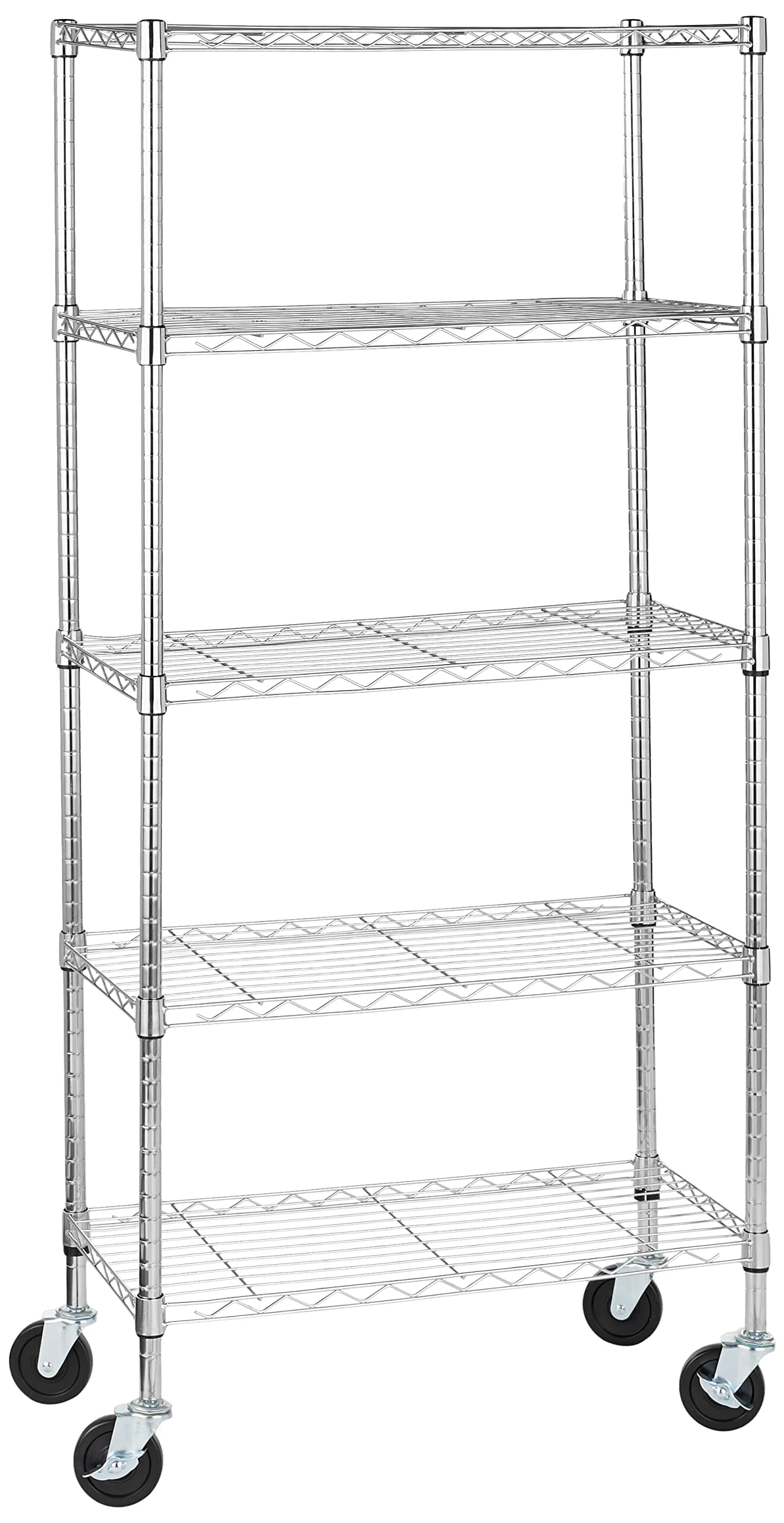 Amazon Basics Unidad de almacenamiento mediana de 5 baldas con ruedas de 4 inch con estantes ajustables en altura y pies niveladores, peso máximo de 680 kg, Cromado, 36 x 152 x 76 cm (D x W x H)