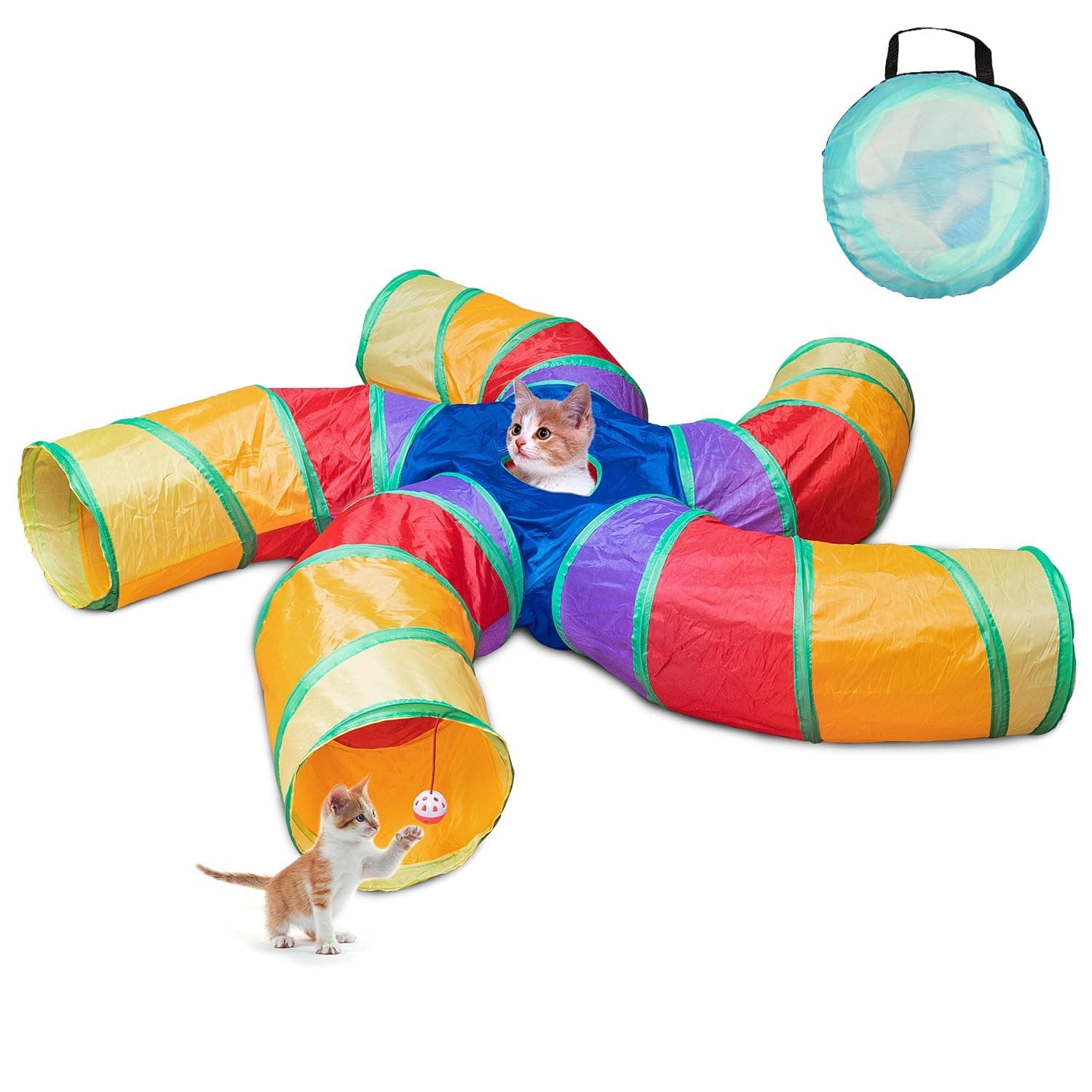 Depets Túnel para gatos para interior, túnel de juego grande de 5 vías y tubo con bola de juego, tubo plegable en forma de S con mirilla interactiva, ideal para ejercicios de interior para gatitos