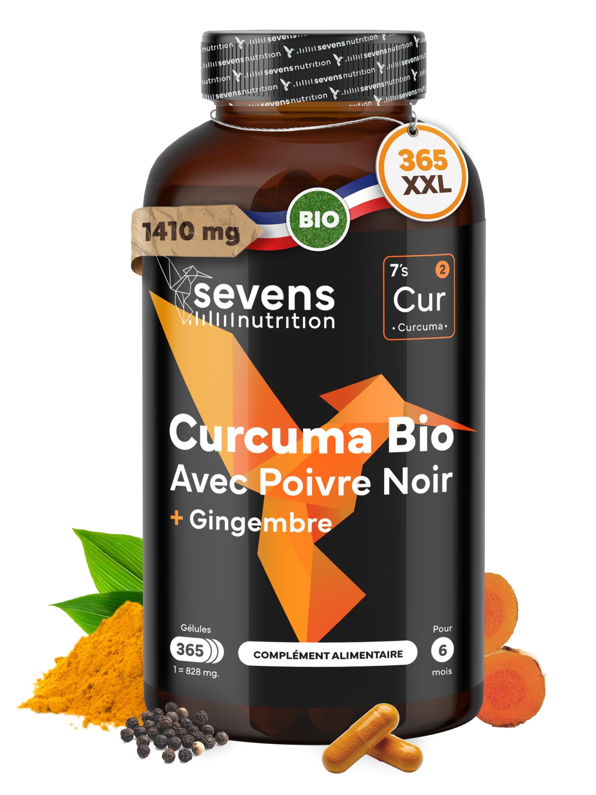 Curcuma Bio Gélule Anti Inflammatoire avec Gingembre et Poivre Noir – 1410 mg par Dose – 365 Gélules – Format XL Éco – Complément Articulations Os Vegan Naturel – Sevens