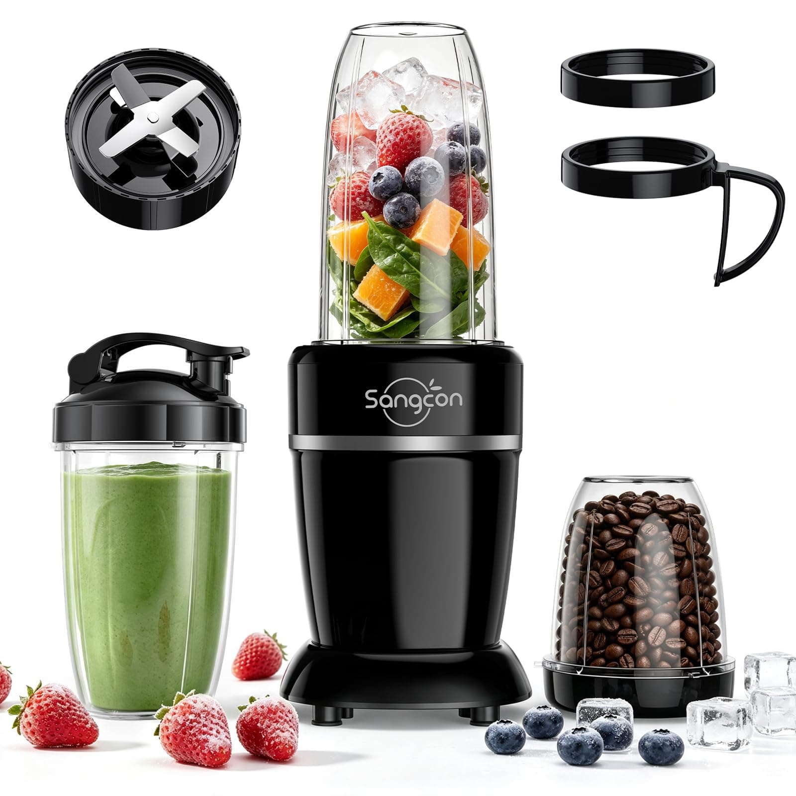Sangcon - Frullatore da cucina da 1000 W, 3 tazze, 2 beccucci, 1 tappo di conservazione, 1 tappo To-Go, frullatore portatile per frullati e frullati