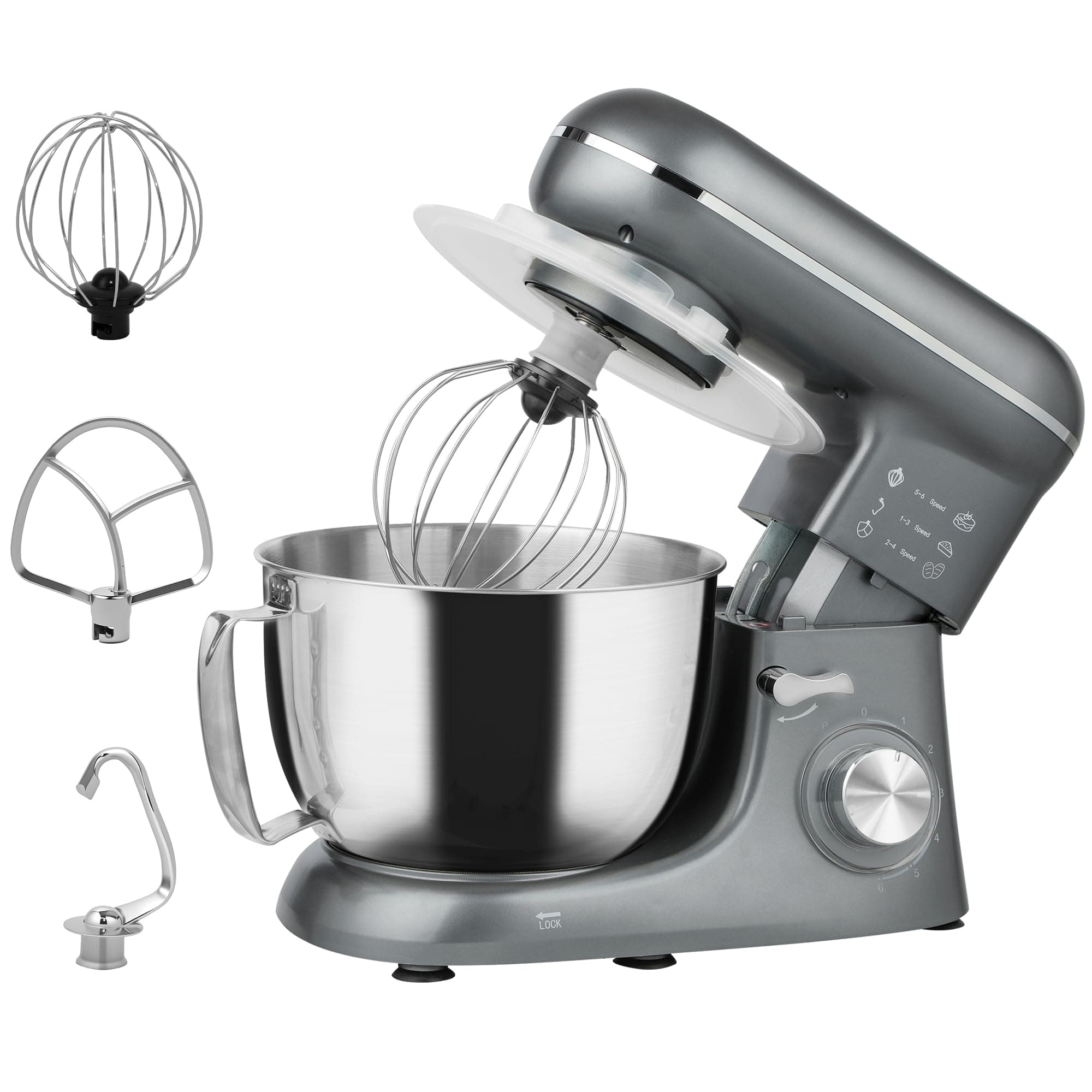 HOMCOM Robot Pâtissier 1300 W Robot Pétrin Professionnel 4,5 L Argent | Bol d'Acier Inoxydable, 6+P Vitesses et Pulse, Tête Inclinable, Crochet à Pâte, Fouet, Batteur, Spatule, Pare-Éclaboussures