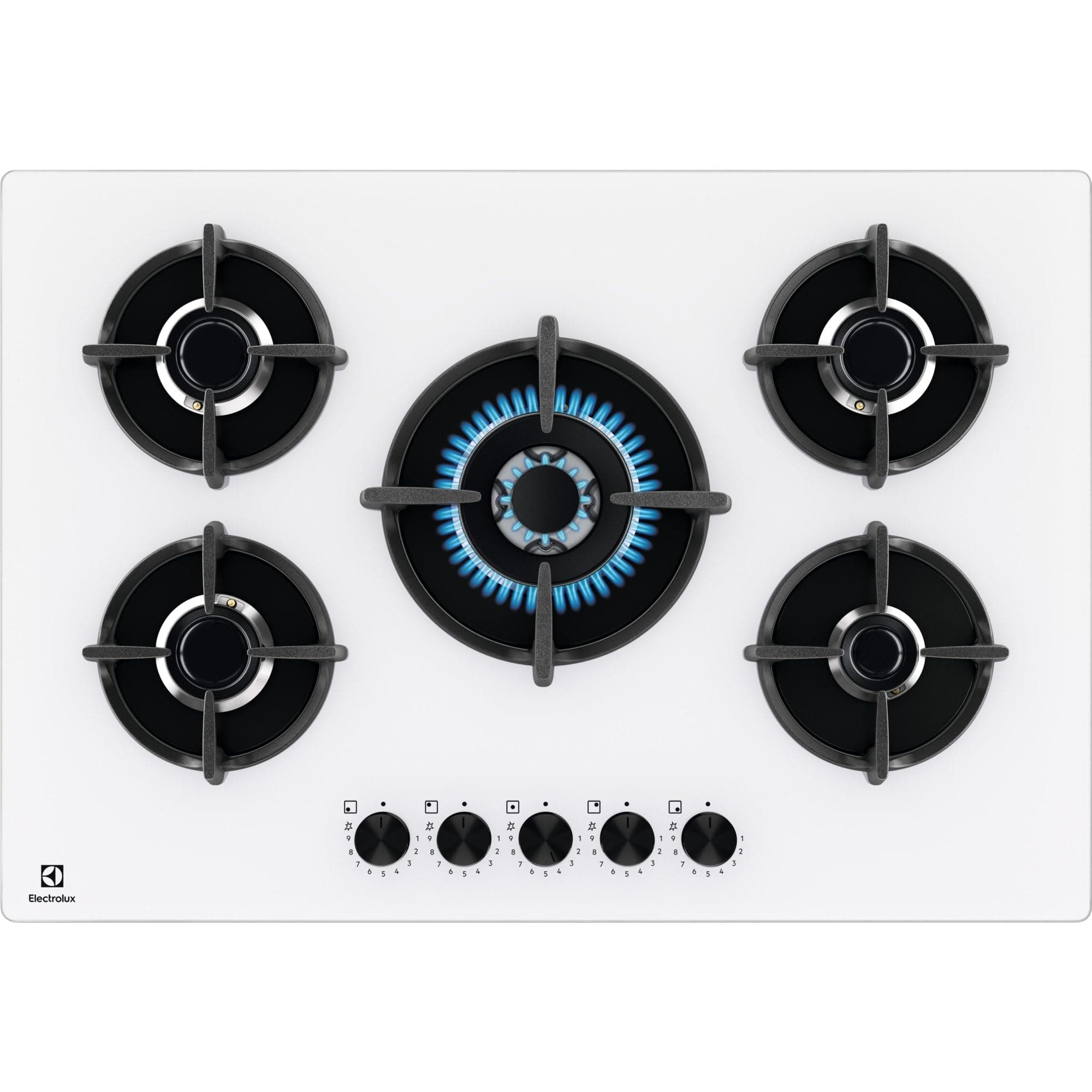 Electrolux Piano Cottura Gas EGG75372W Serie 600 Gas on Glass 75cm da Incasso, 5 Fuochi, Bruciatore Rapido, Bruciatore Wok, Precisa Regolazione della Fiamma, Sicurezza Sicurgas, 590x520cm, Bianco