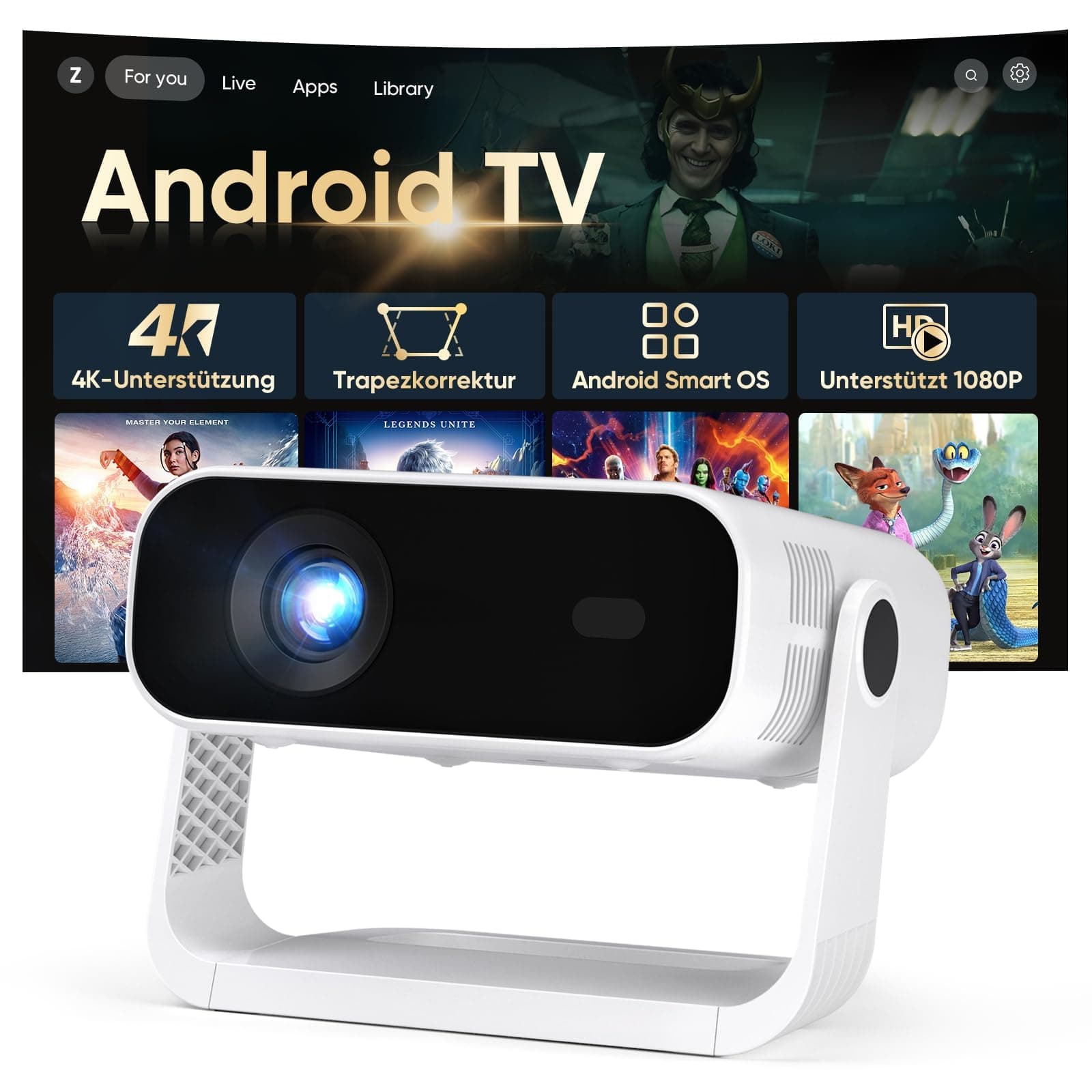 2026 Neuer Smart Mini Beamer Integrierte APP, Android 14, Unterstützt 1080P und 4K-Dekodierung, Automatische Trapezkorrektur, WiFi6 & BT5.2 ,Beamer 4K Heimkino für Handy/HDMI/PC