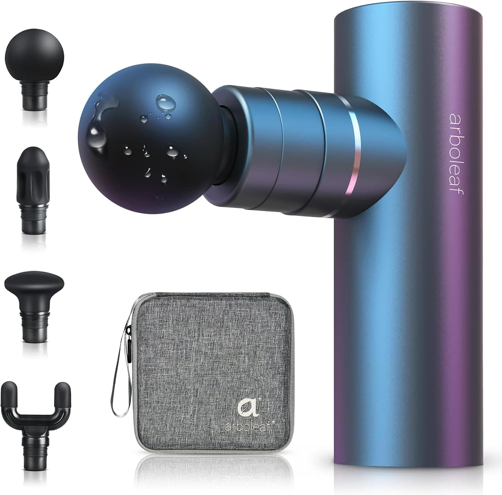 arboleaf Pistola de Masaje Muscular Eléctrica Masajeador Pistola Masaje Mini para Aliviar el Dolor Muscular, 3200rpm, 4 Cabezals de Masaje de Silicona, 2x2000 mAh Baterías, Carga Tipo-C con Bolsa