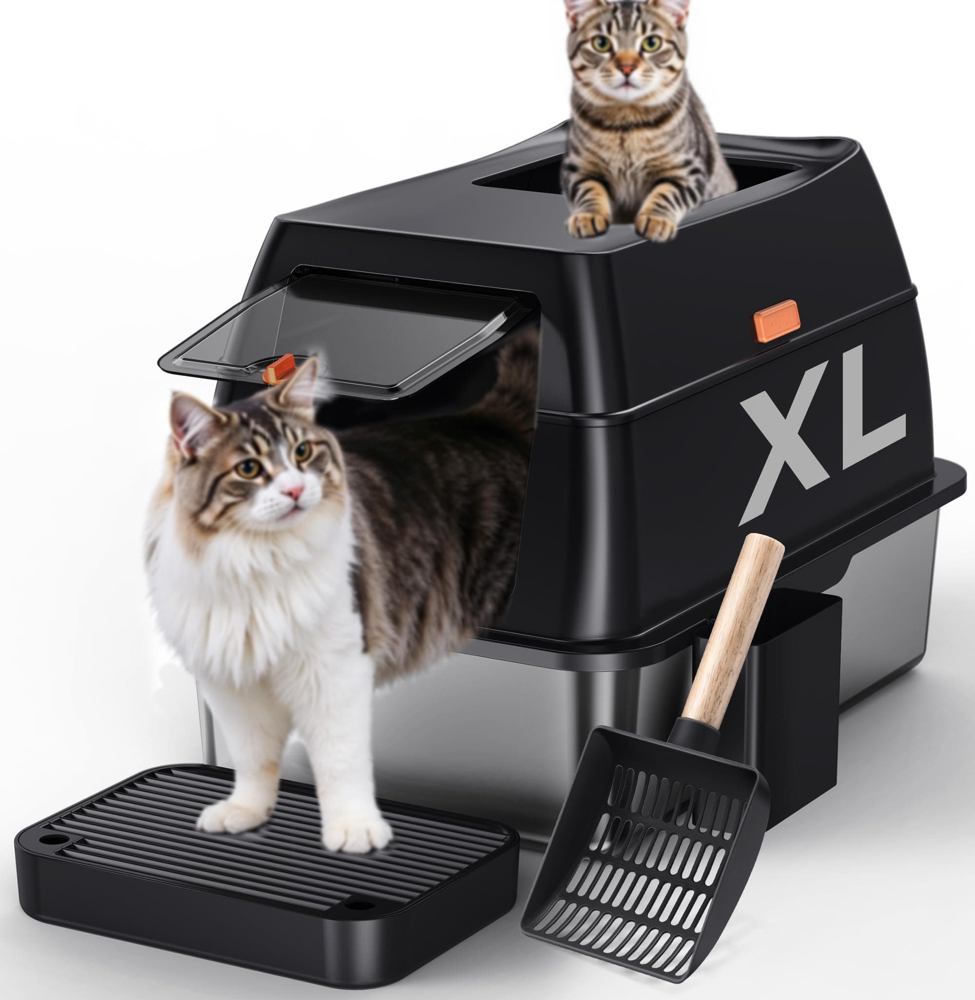 Gimars Lettiera per Gatti 3 in 1 in Acciaio Inox, Cassetta Chiusa con Bordi Alti, Extra Large con Paletta, Ingresso Frontale e Superiore